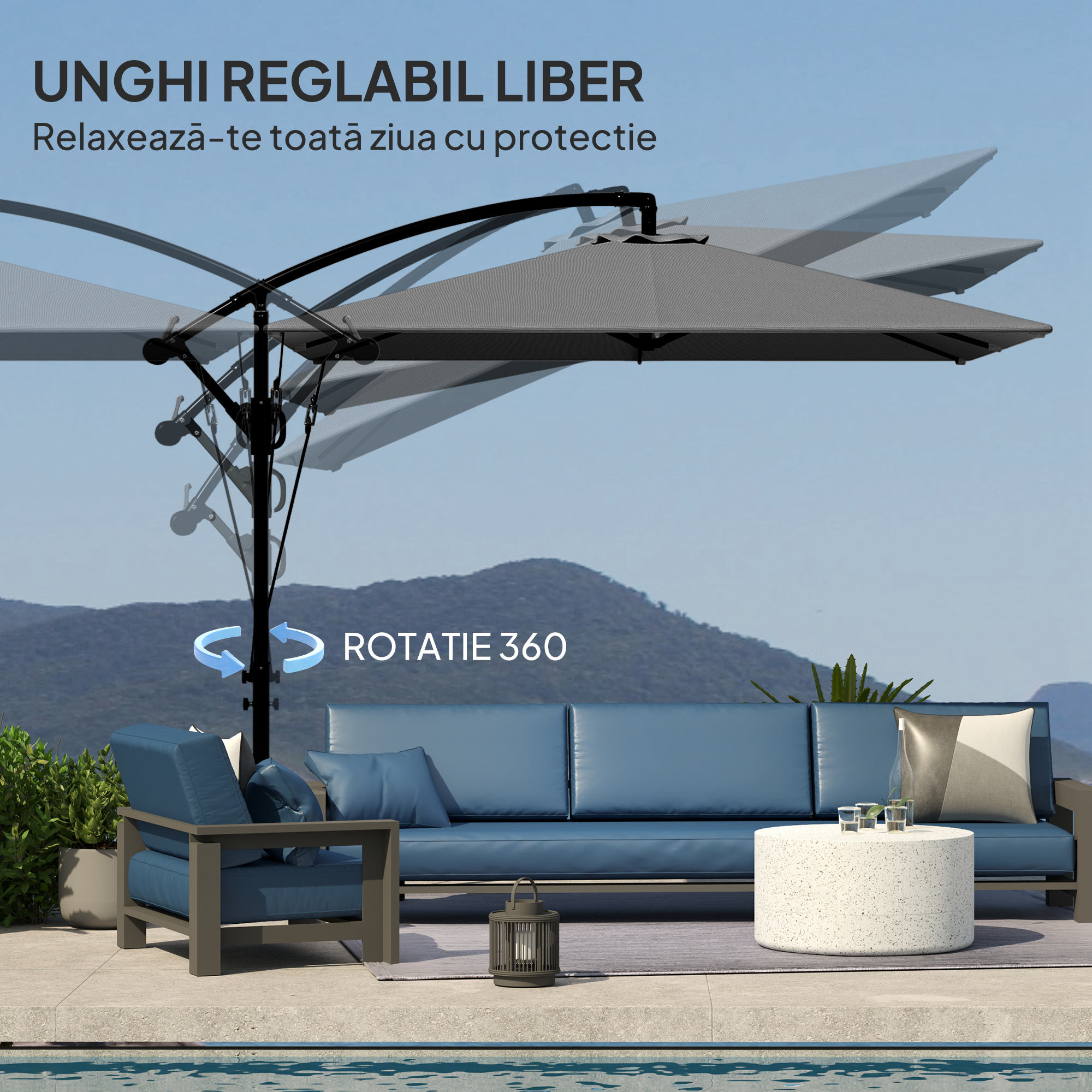  Umbrela Excentrica cu Husa, Corzi Antivant, Baza in Cruce si Manivela, 295x250x235 cm, Gri [5]