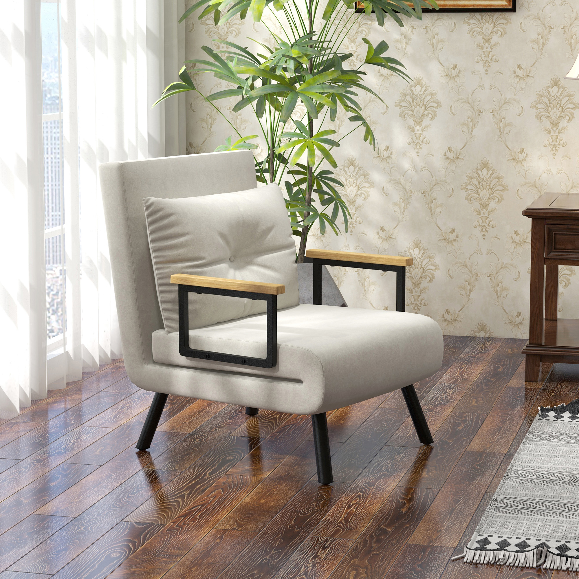  Fotoliu Pat 3 in 1 cu Spatar Reglabil si Perna, din Material cu Efect de Catifea, 63x73x81 cm, Crem [1]