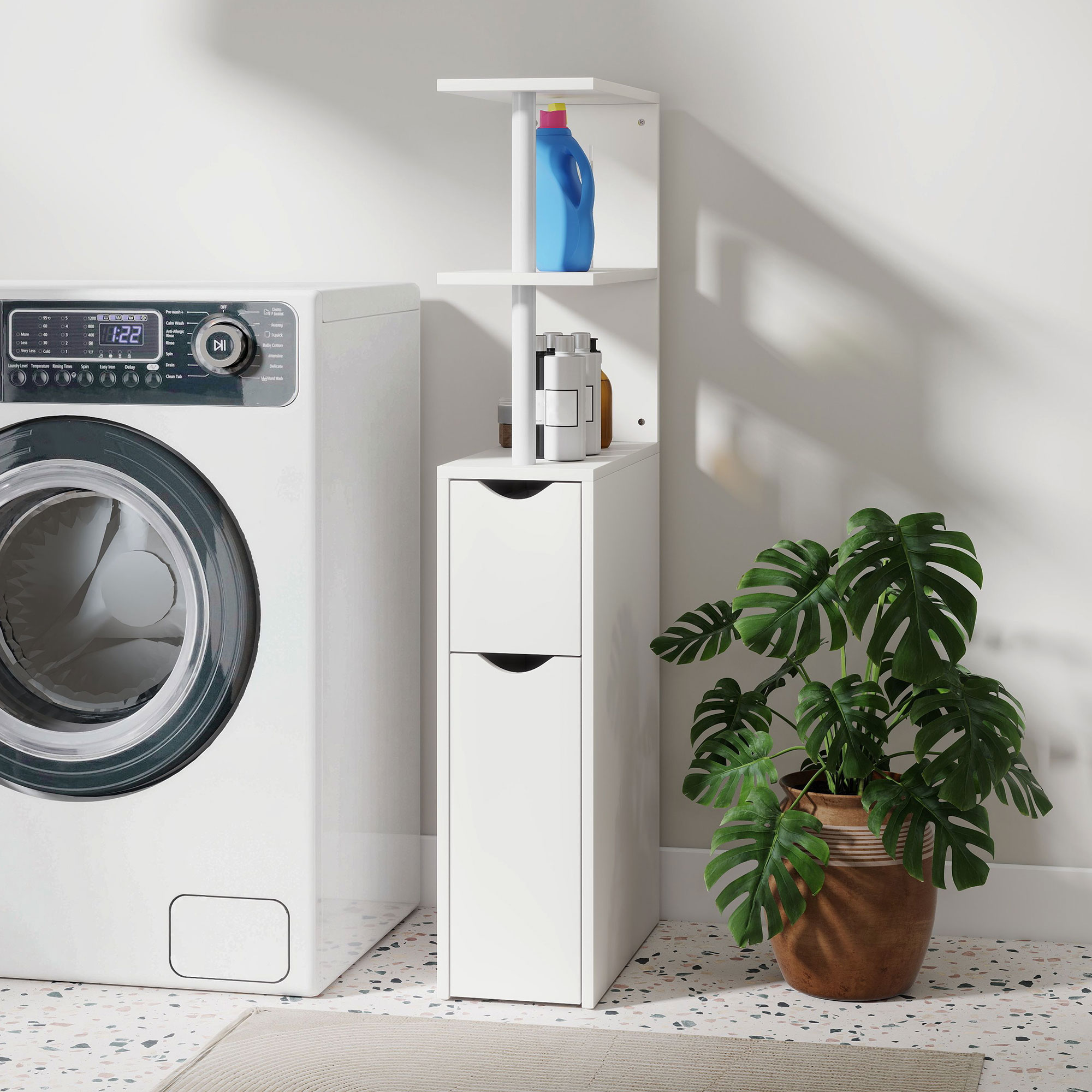  Dulap de Baie Slim cu Sertare si Rafturi, Dulap Economisitor de Spatiu cu Sertar pe Roti, Coloana de Baie pentru Living sau Birou, 20x45x115 cm, Alb [1]