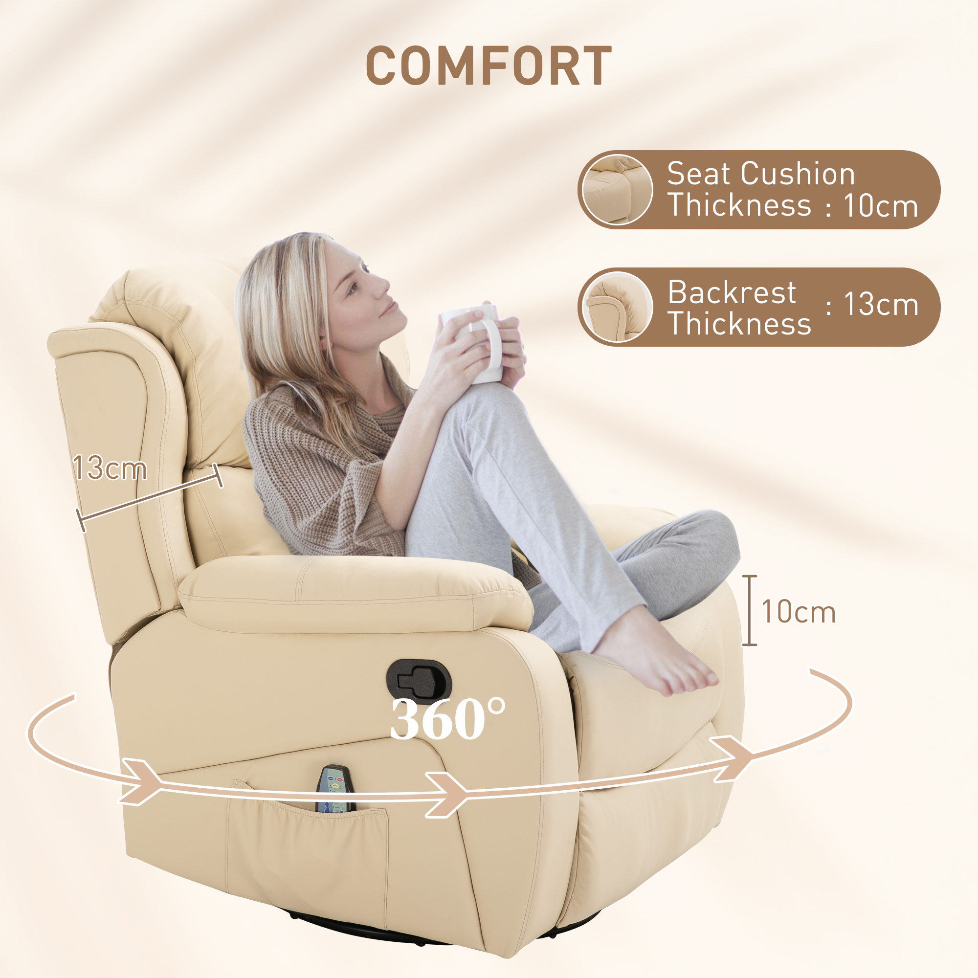  Fotoliu de Ralaxare cu 8 puncte de masaj si incalzire, Fotoliu Reclinabil cu Suport pentru Picioare, 97x92x104 cm, Bej [6]