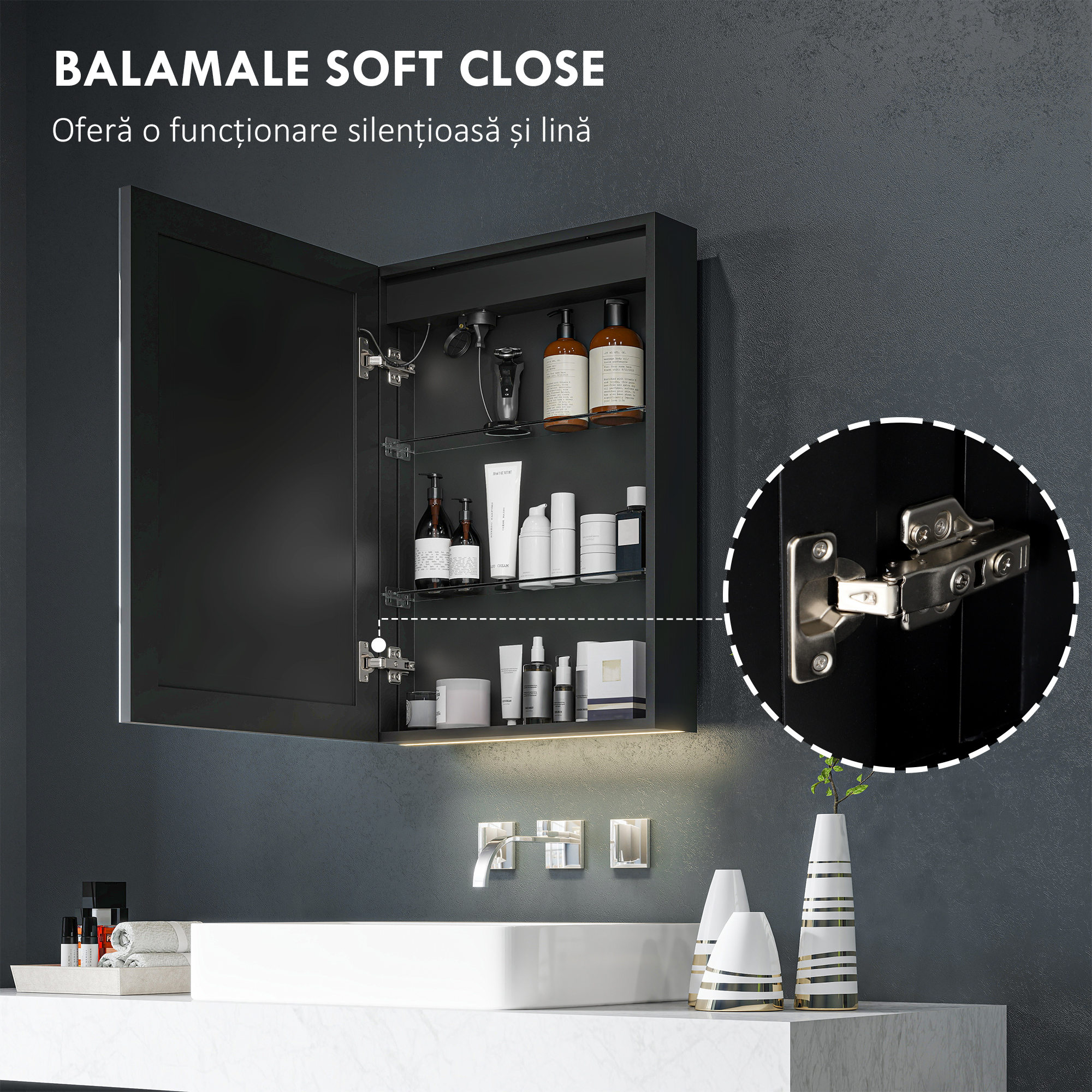  Dulap cu Oglinda pentru Baie cu Lumina LED si Priza pentru Aparat de Ras, Dulap Suspendat cu Pad Anti-Ceata, Reglare Luminozitate, 3 Culori, Negru [5]