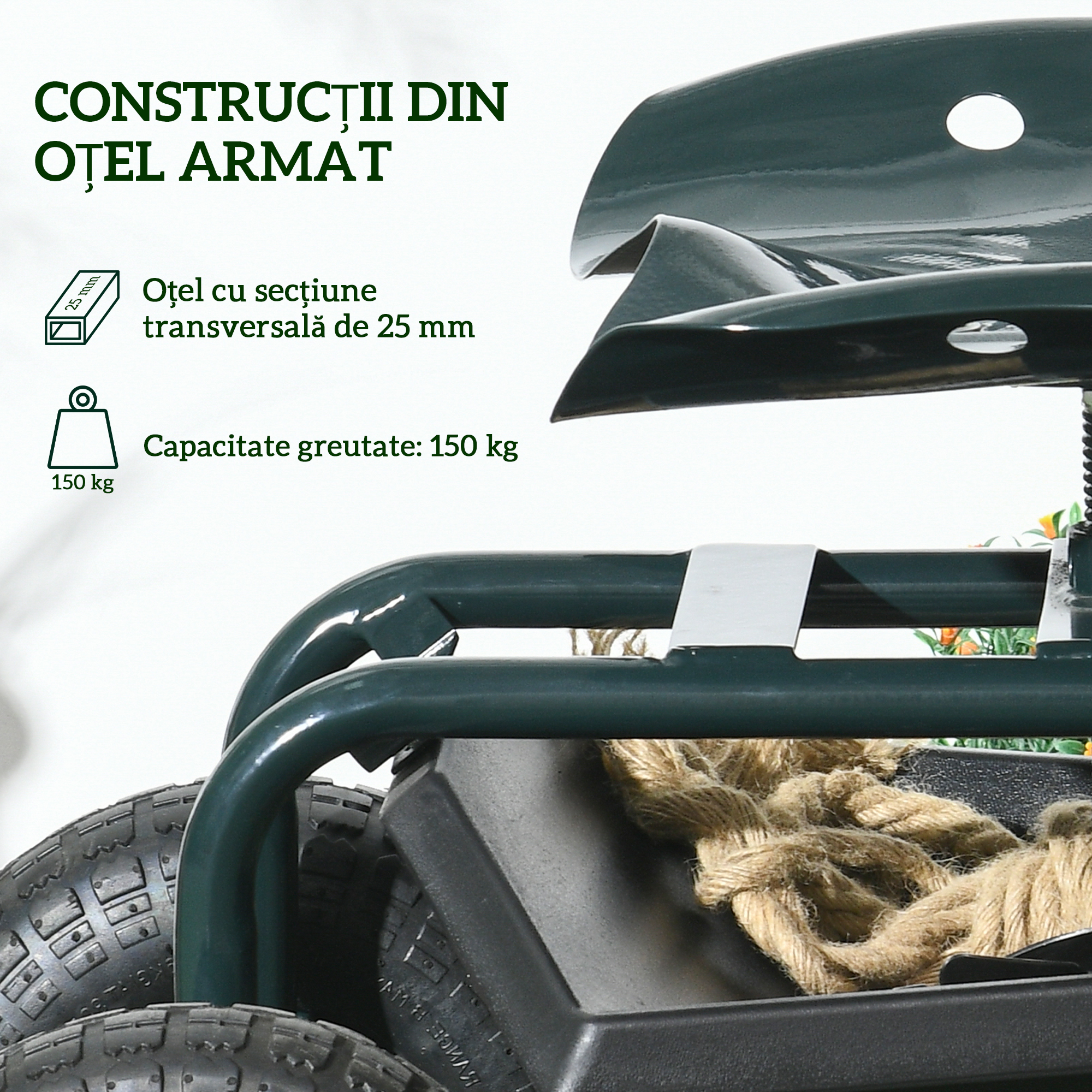  Carucior de gradina cu scaun reglabil si tava inferioara, din otel si PP, 83x36.5x45-60 cm, verde inchis [6]