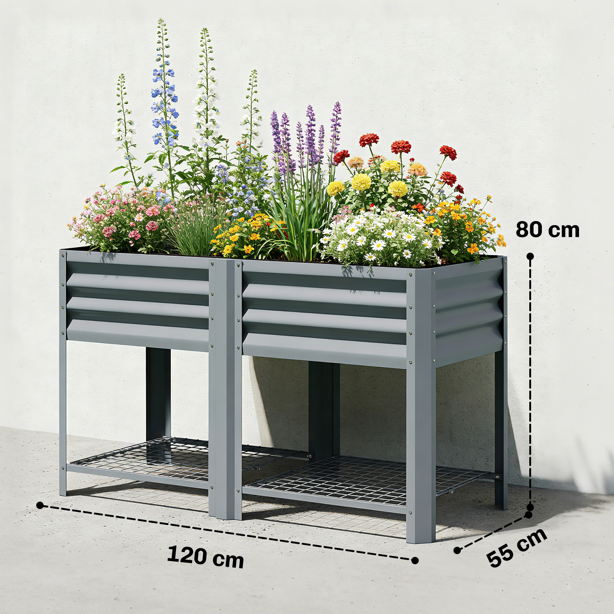  Jardiniera Ridicata cu Raft de Depozitare, 150L, Otel Galvanizat, inaltime 80 cm, pentru Gradina sau Terasa [2]