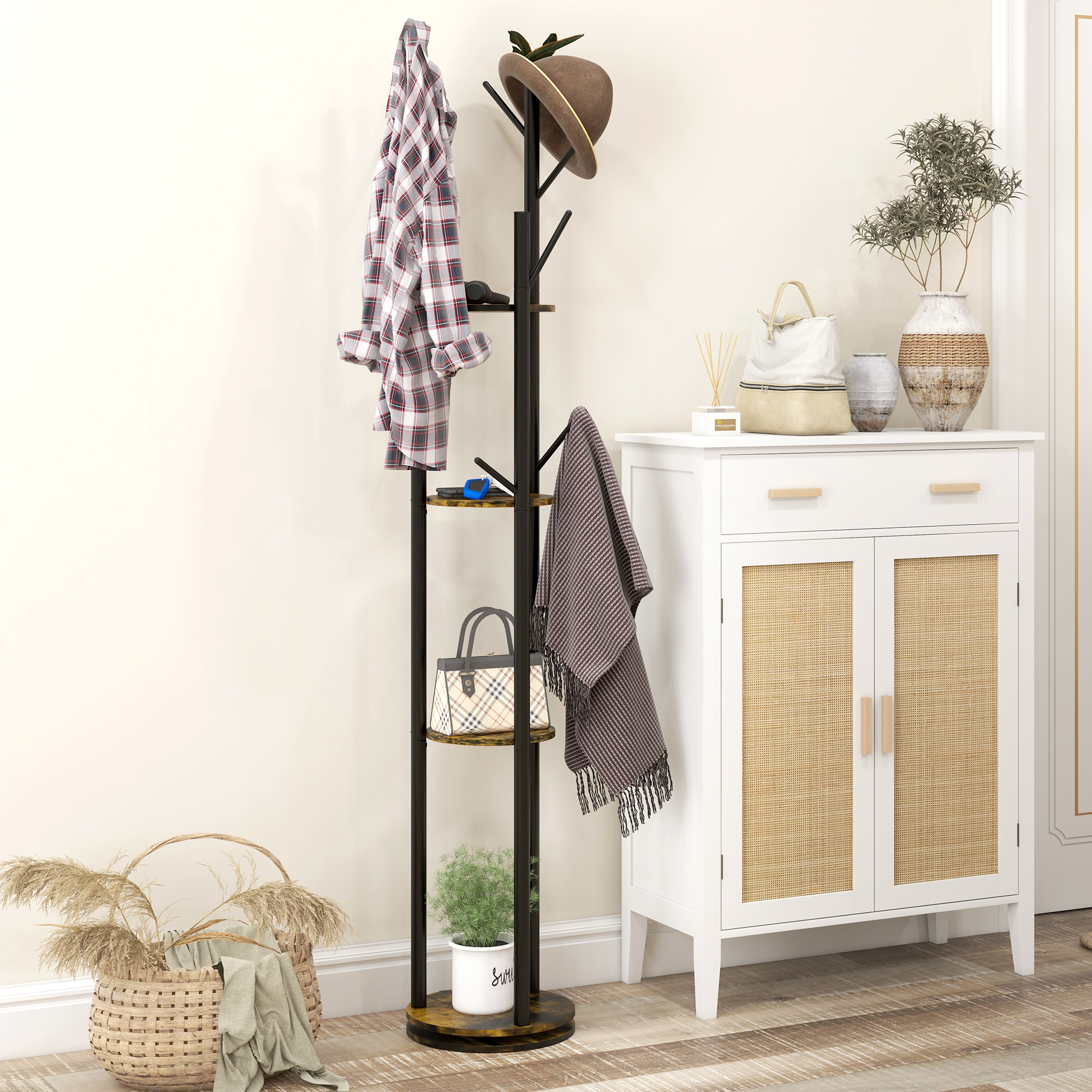  Cuier rotativ de podea cu 8 carlige si 4 rafturi, stil industrial, Ø30x175cm, maro [1]