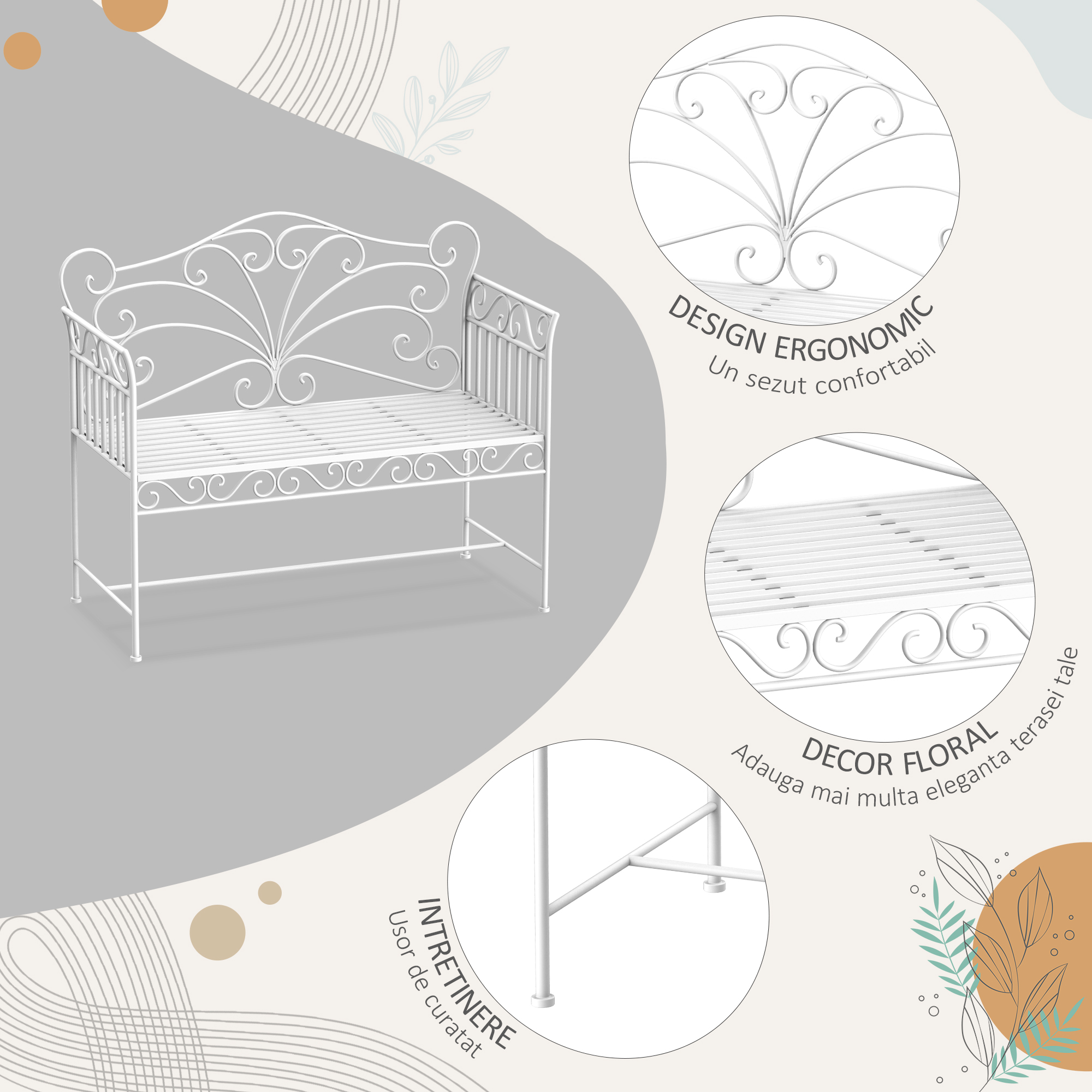  Banca de Exterior cu 2 Locuri, Banca de Gradina in Stil Romantic din Fier, 113,5x50x96 cm, Alb [5]