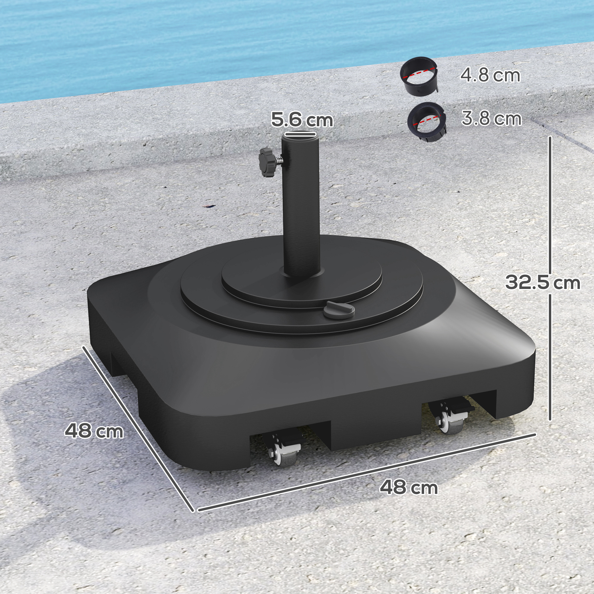  Baza pentru umbrela cu roti, umplibila cu apa sau nisip, din HDPE, 48x48x32.5 cm, negru [2]