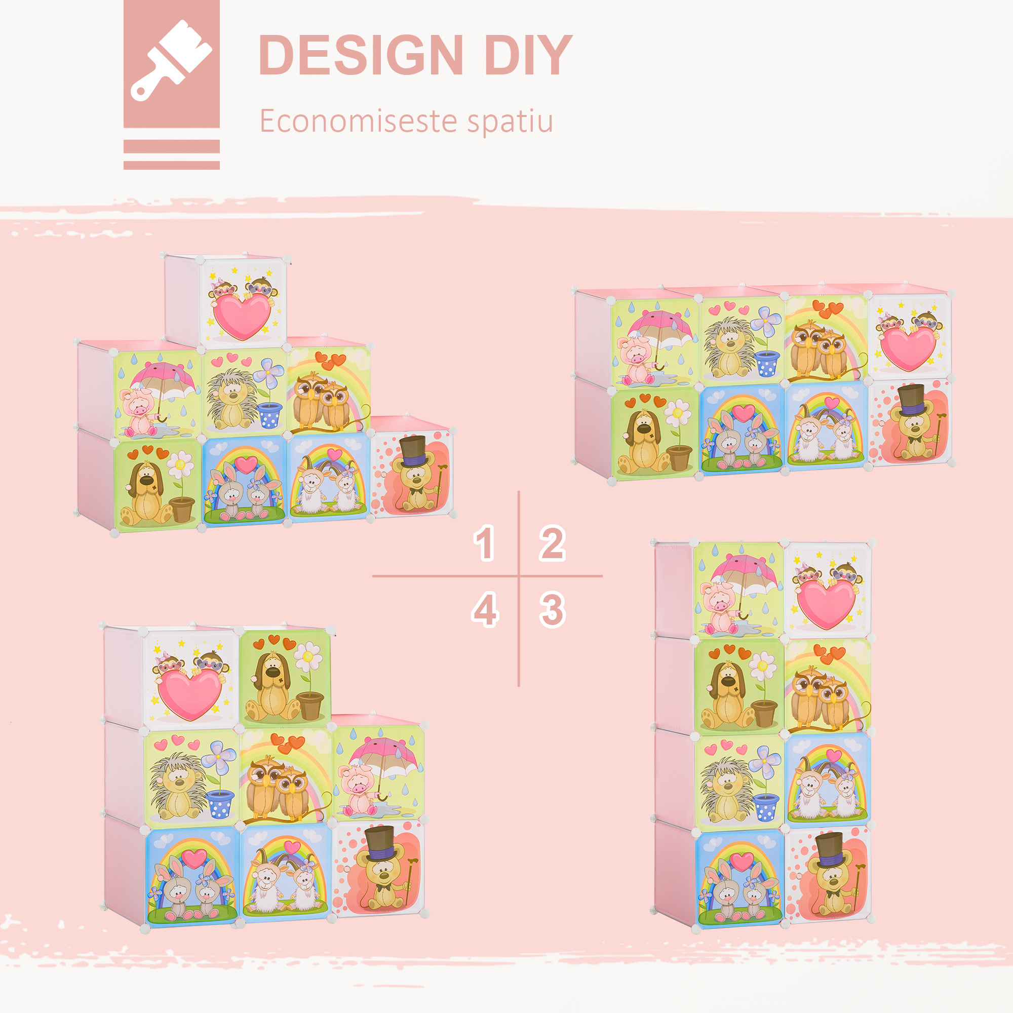  Mobilier pentru incaltaminte modular cu decor animalier, 8 cuburi din plastic PP si otel, 74x47x144cm, Roz [3]