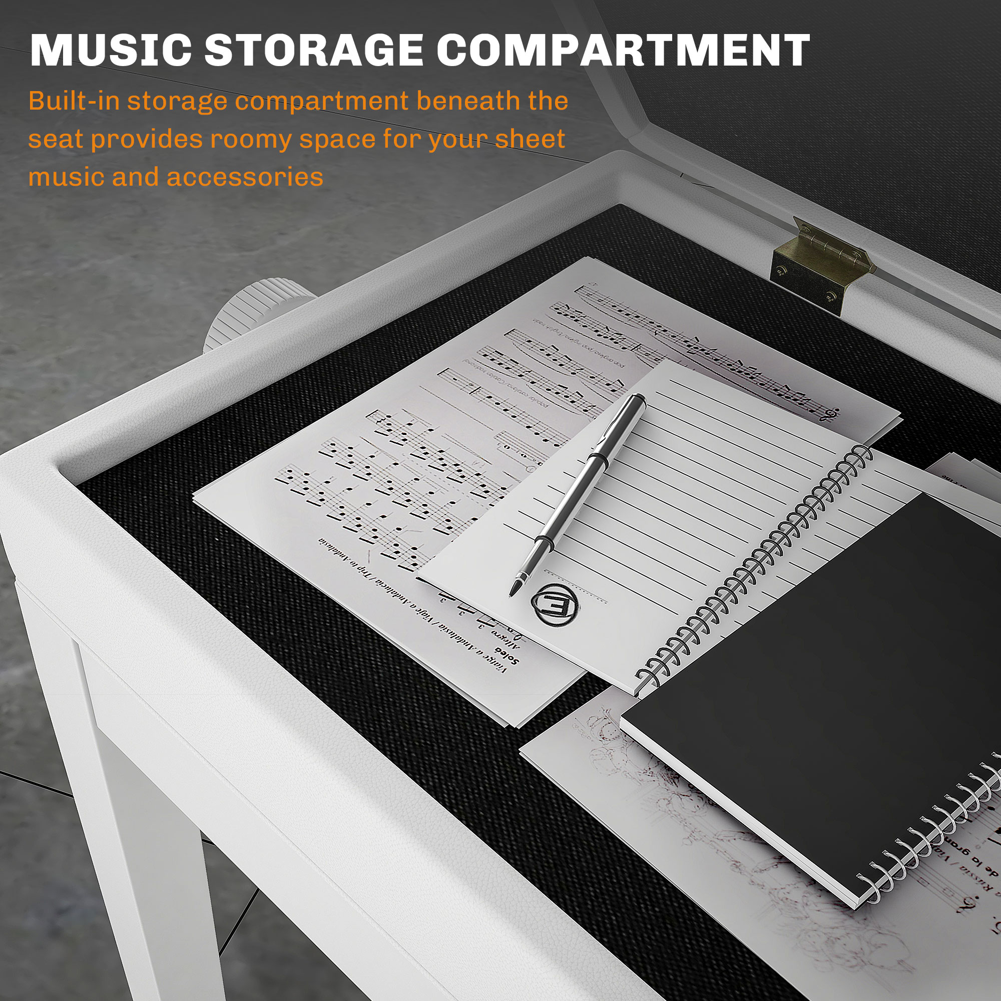  Scaun de Pian Reglabil cu Compartiment de Depozitare si sezut capitonat, 54.5x33x48-58 cm, Alb [4]