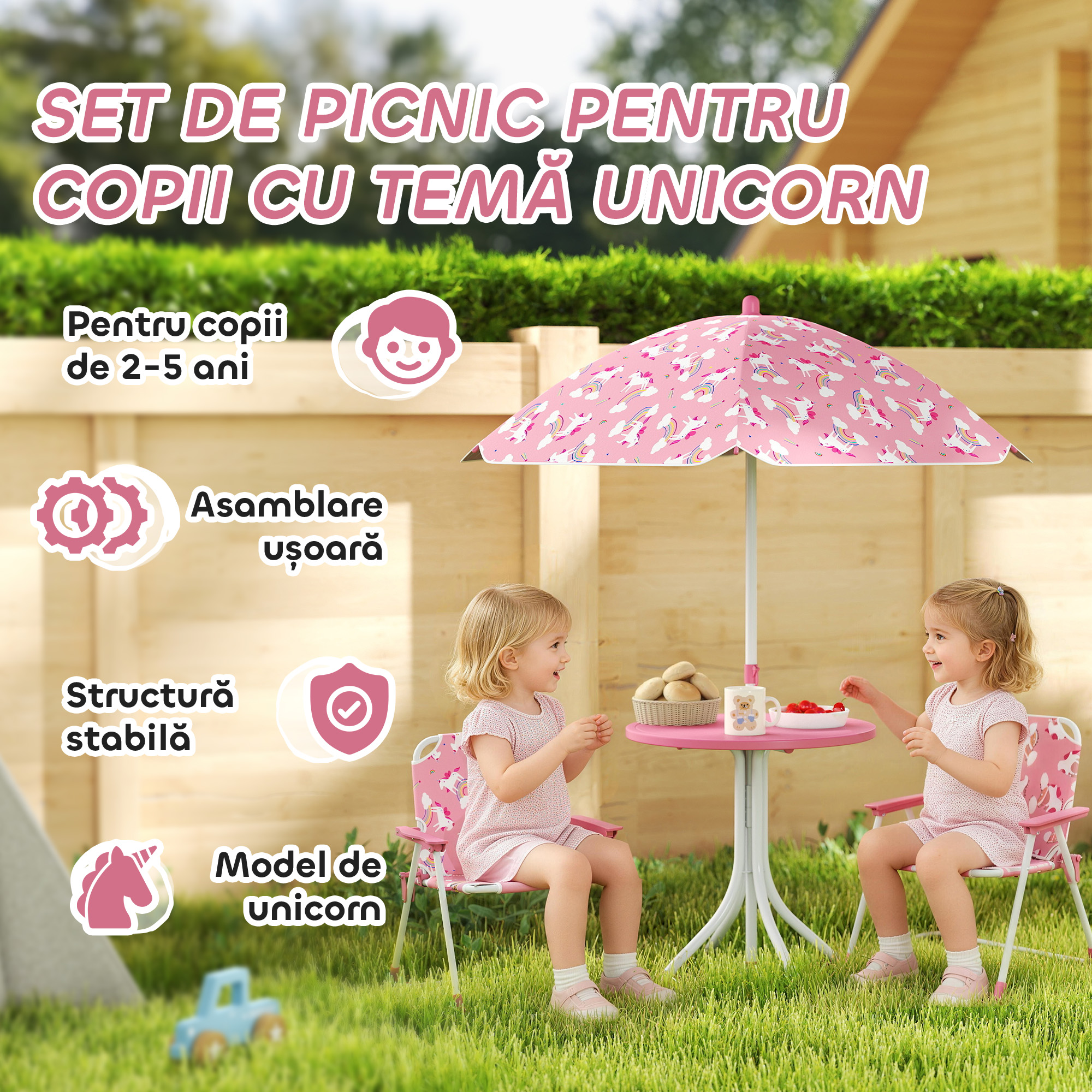  Masa de Picnic pentru Copii, Set Masa si Scaune cu 2 Scaune Pliabile si Umbrela Detasabila, Tema Jungla, Mobilier de Exterior pentru Gradina, Patio, Roz [3]