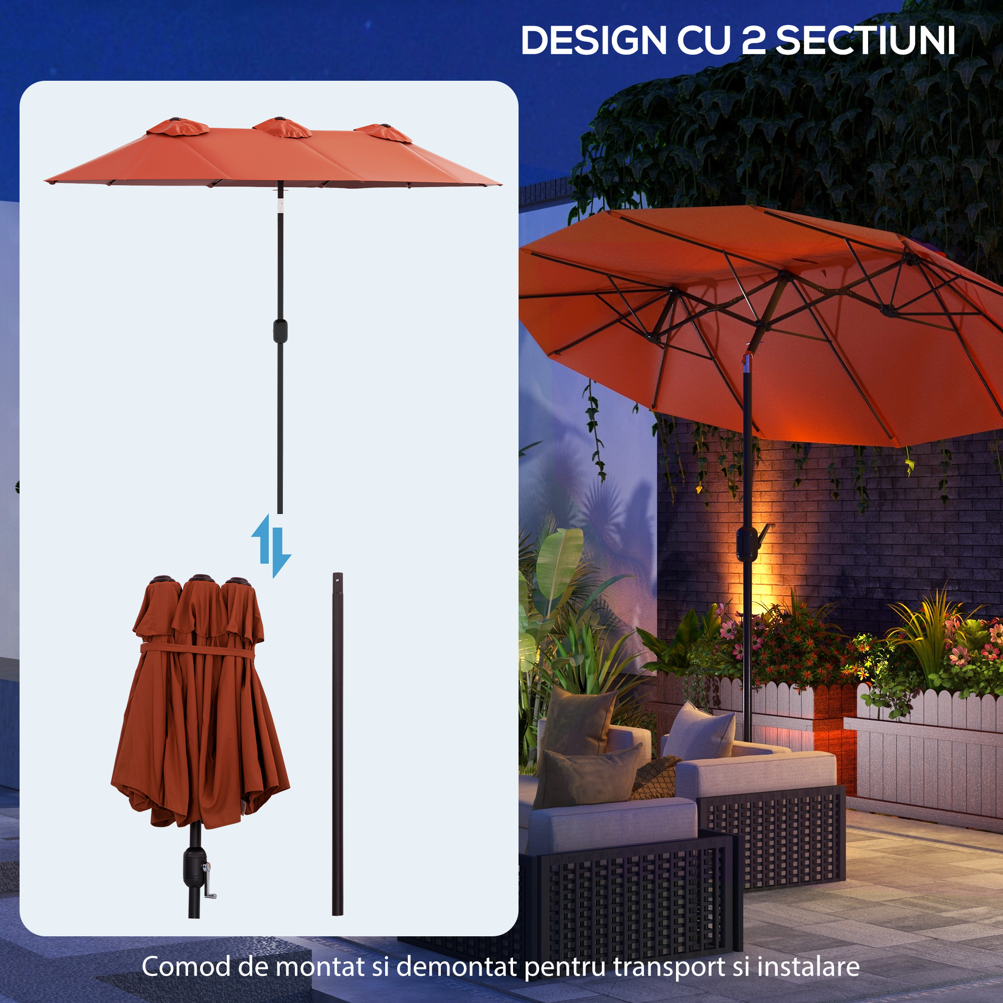  Umbrela de soare de gradina basculabila dubla cu deschidere cu manivela, copertina cu orificii de ventilatie si 12 nervuri, 295x152x222cm, rosu [7]