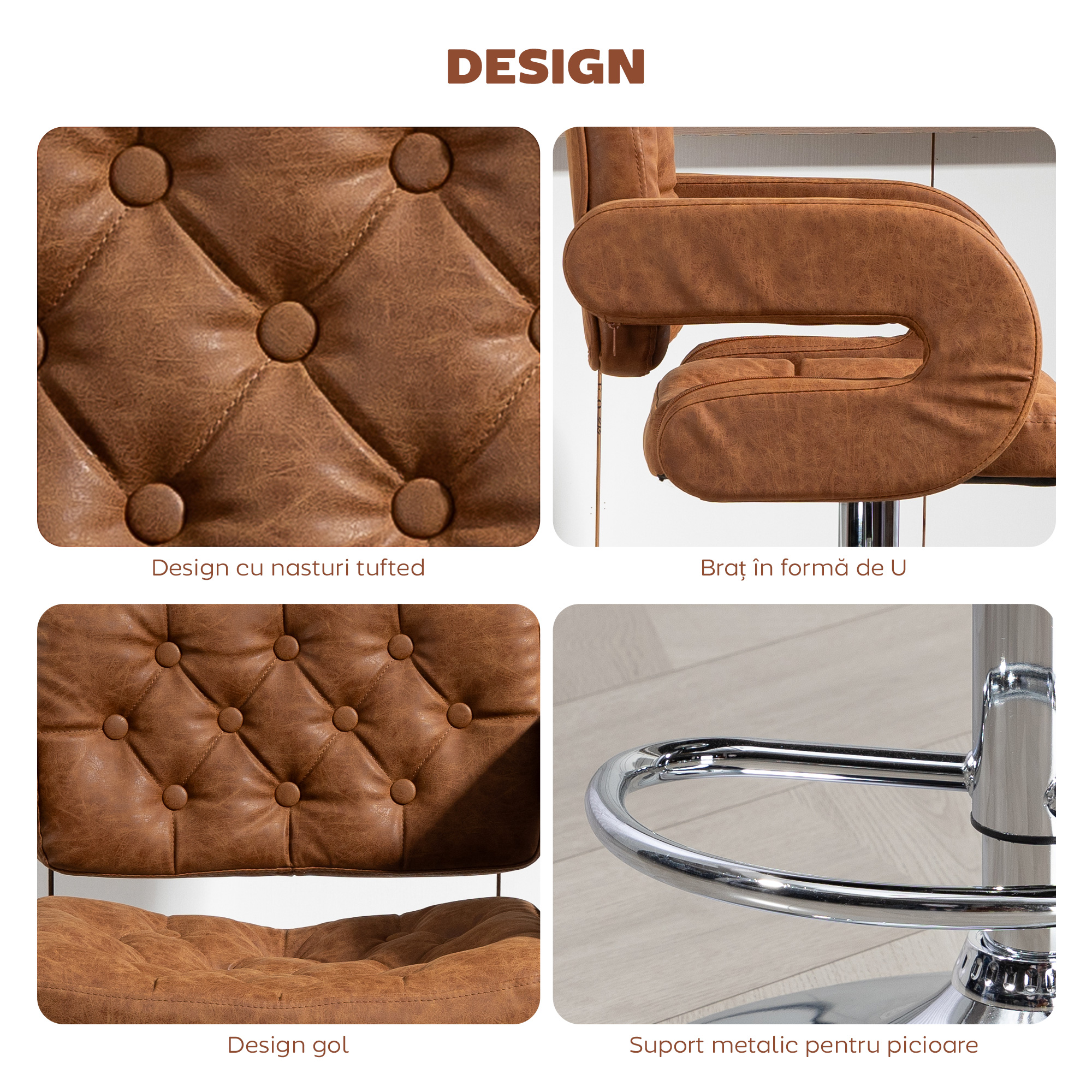  Taburet de Bar cu inaltime Reglabila, Scaun inalt din PU cu Spatar, Suport pentru Picioare, Cotiere si sezut Moale, Structura din Otel, Rotativ la 360°, pentru Bucatarie, Maro [6]