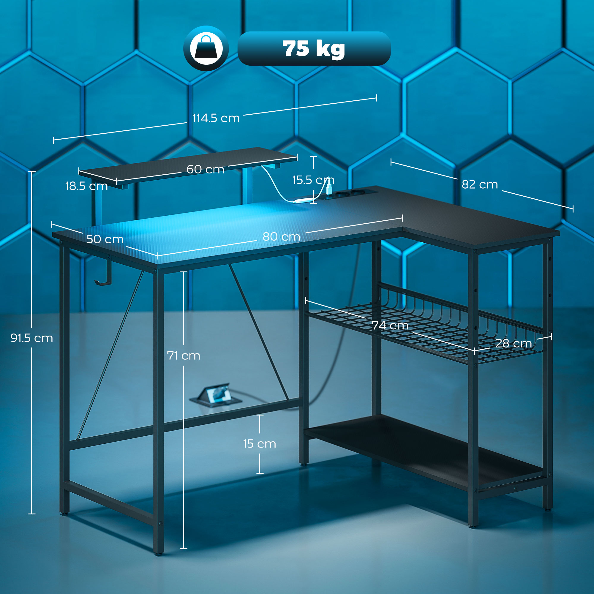  Birou Gaming Coltar cu LED, Prize Electrice, Suport pentru Monitor si Raft, Negru [2]