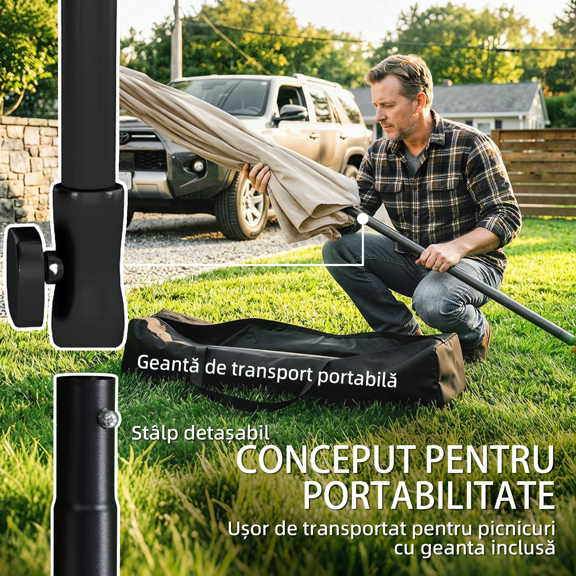  Umbrela Rectangulara cu 3 inclinatii si Manivela, din Metal si Poliester, 183x122x222 cm, Bej [4]