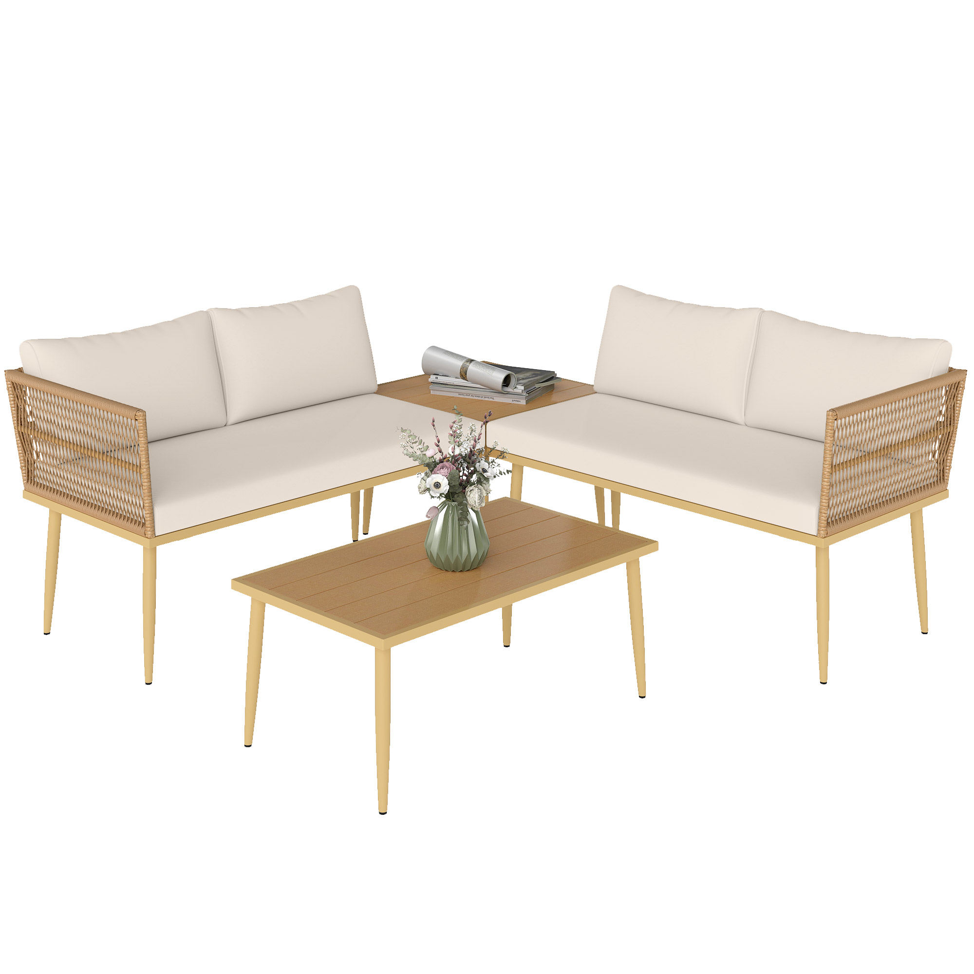 Gradina & balcon -  Set Mobilier de Exterior din Ratan PE cu 2 Canapele de 2 Locuri cu Perne si 2 Mese de Cafea, Culoare Lemn