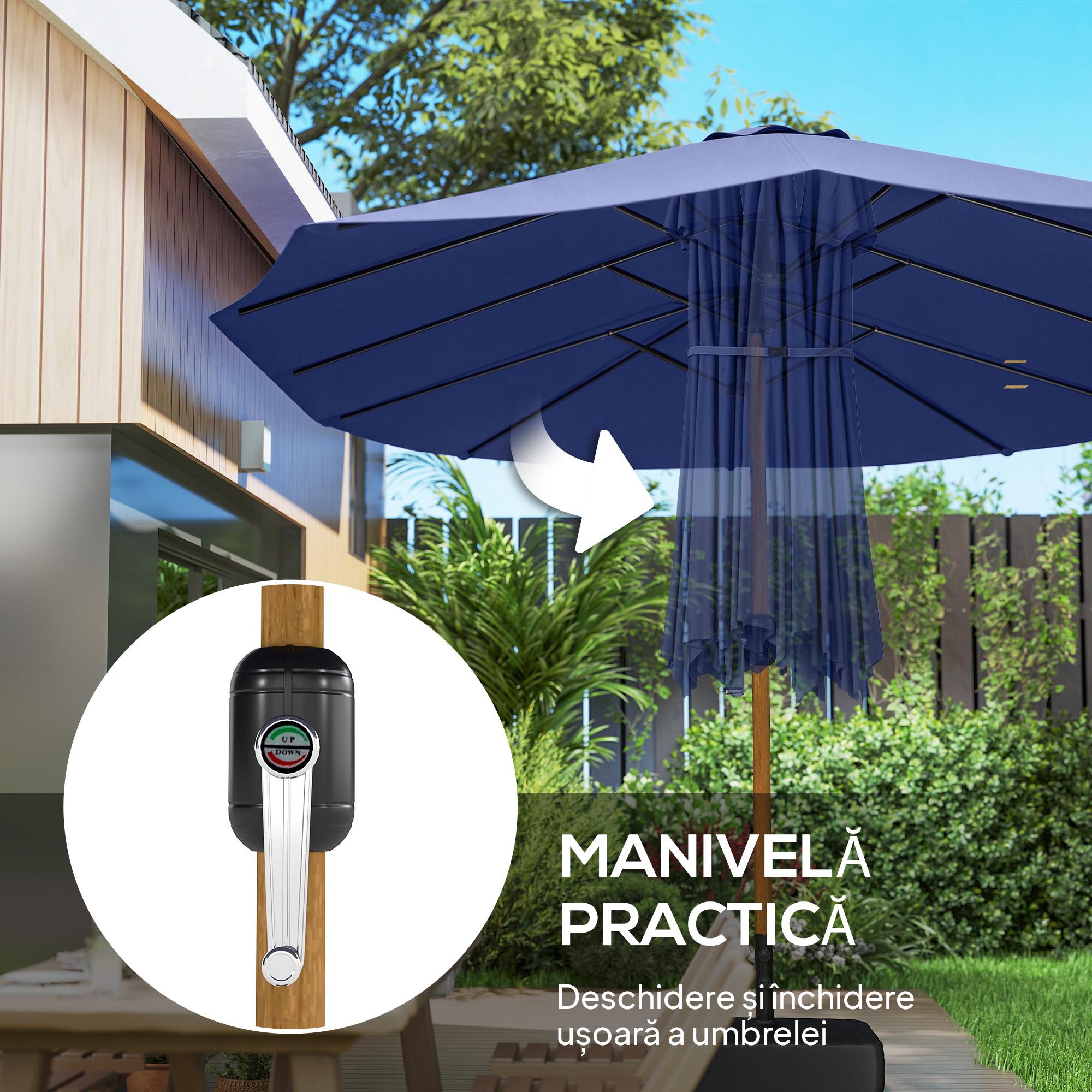  Umbrela Dubla cu 12 Spite, Manivela, Baza incrucisata si Saci de Nisip, 4,7x2,8 m, Albastru inchis [4]