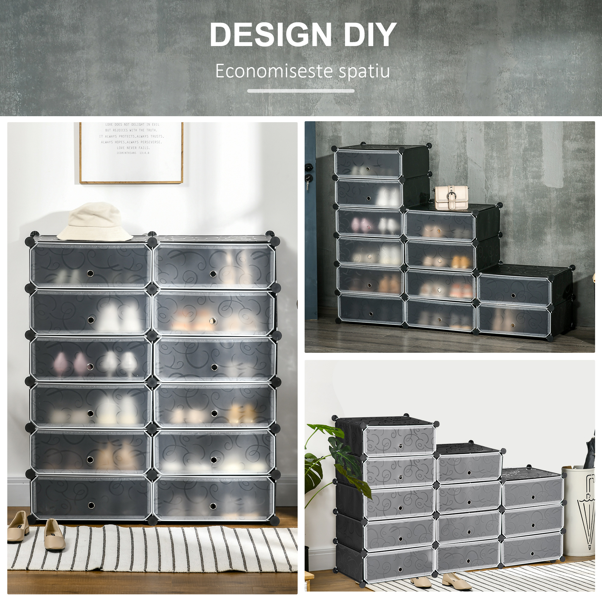  Mobilier pentru incaltaminte modular, 12 cuburi 45x35x16cm din plastic PP si otel, negru si alb [4]