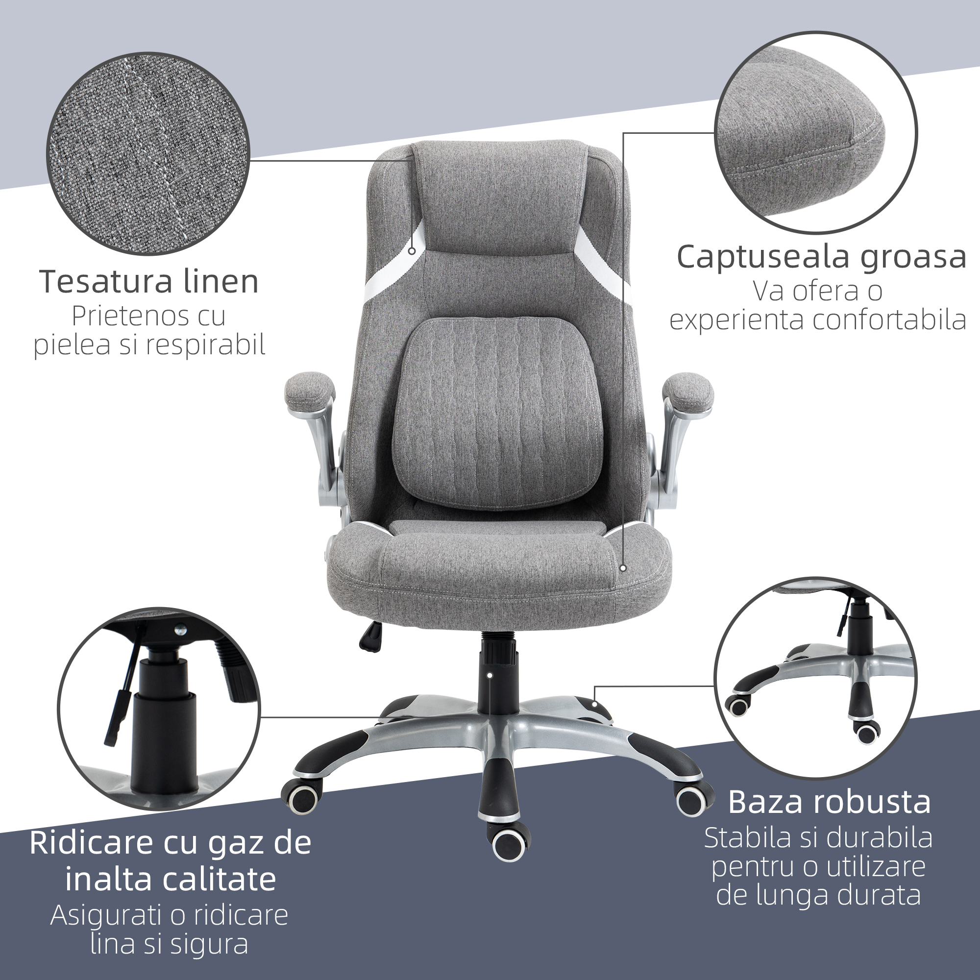  Scaun de Birou Ergonomic din tesatura Respiranta Efect In, inaltime Reglabila, 68x76x109-117cm, Gri [8]