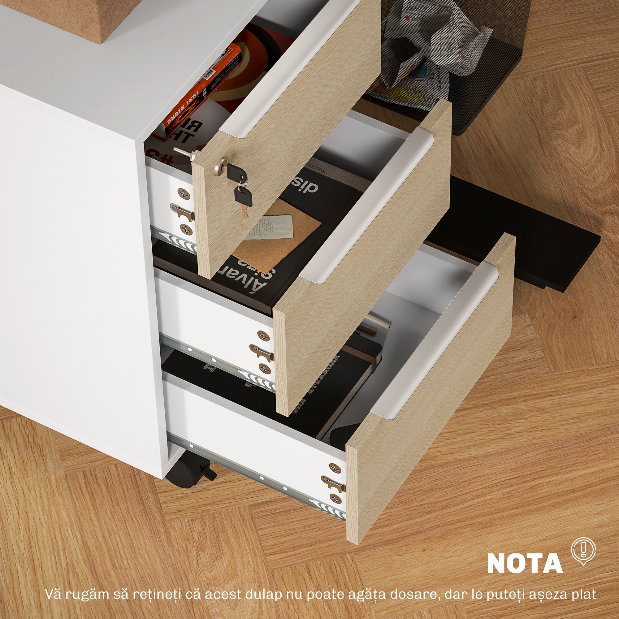  Dulap de Birou cu 3 Sertare, 4 Roti, Comoda de Birou cu Sistem de Blocare si 2 Chei, Alb si Stejar [7]