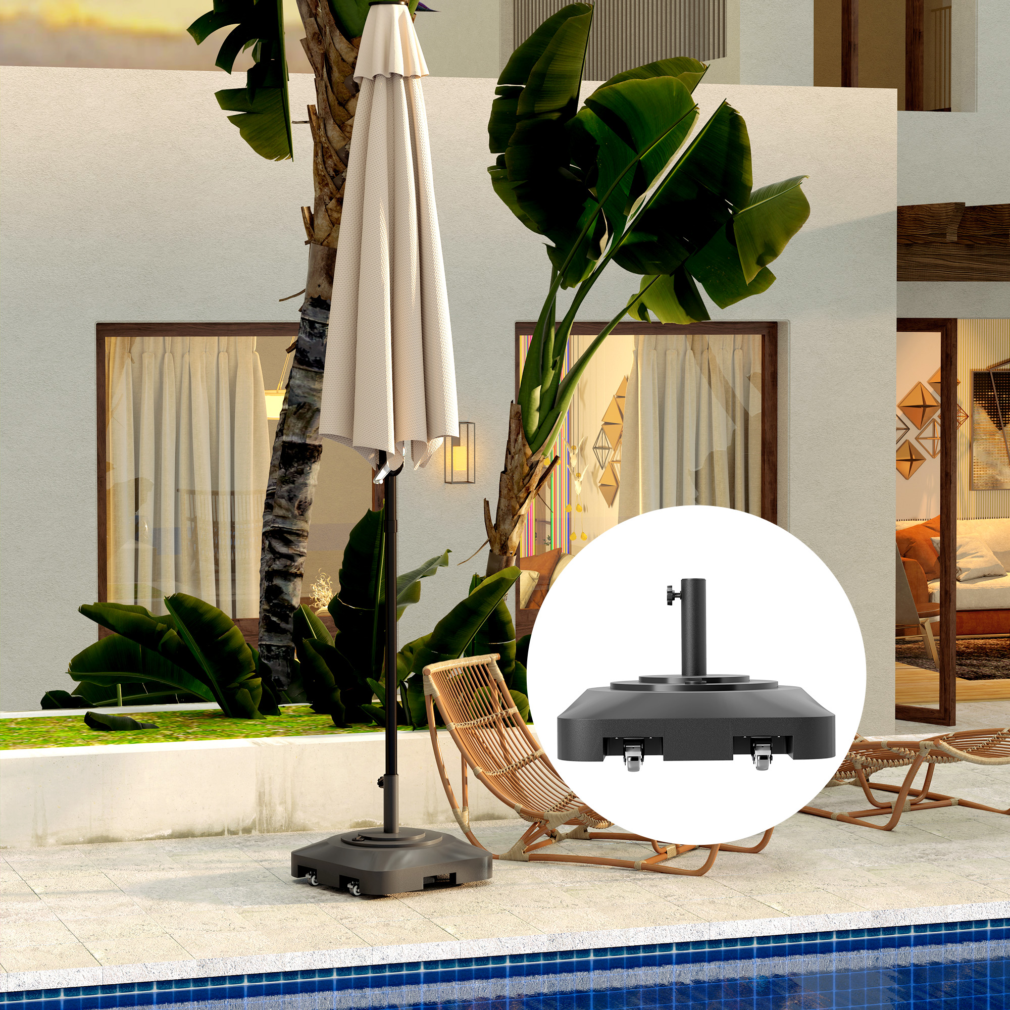  Baza pentru umbrela cu roti, umplibila cu apa sau nisip, din HDPE, 48x48x32.5 cm, negru [7]