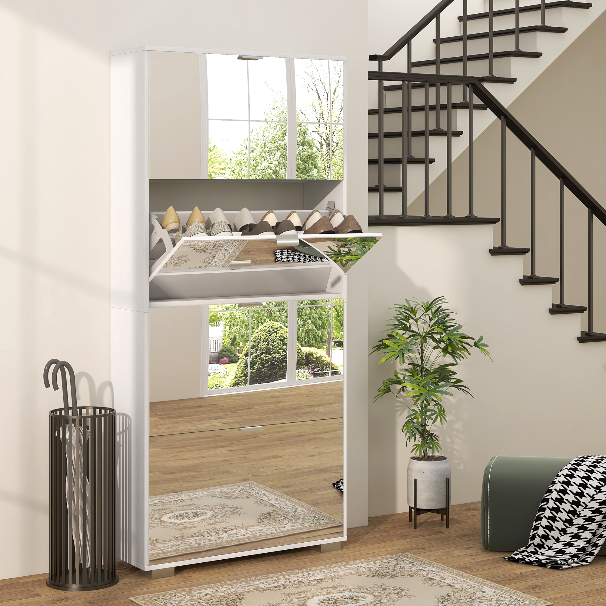  Dulap pentru Depozitarea incaltamintei cu Usi, Oglinda si 4 Sertare Rabatabile, 76x26x168 cm, Alb [1]