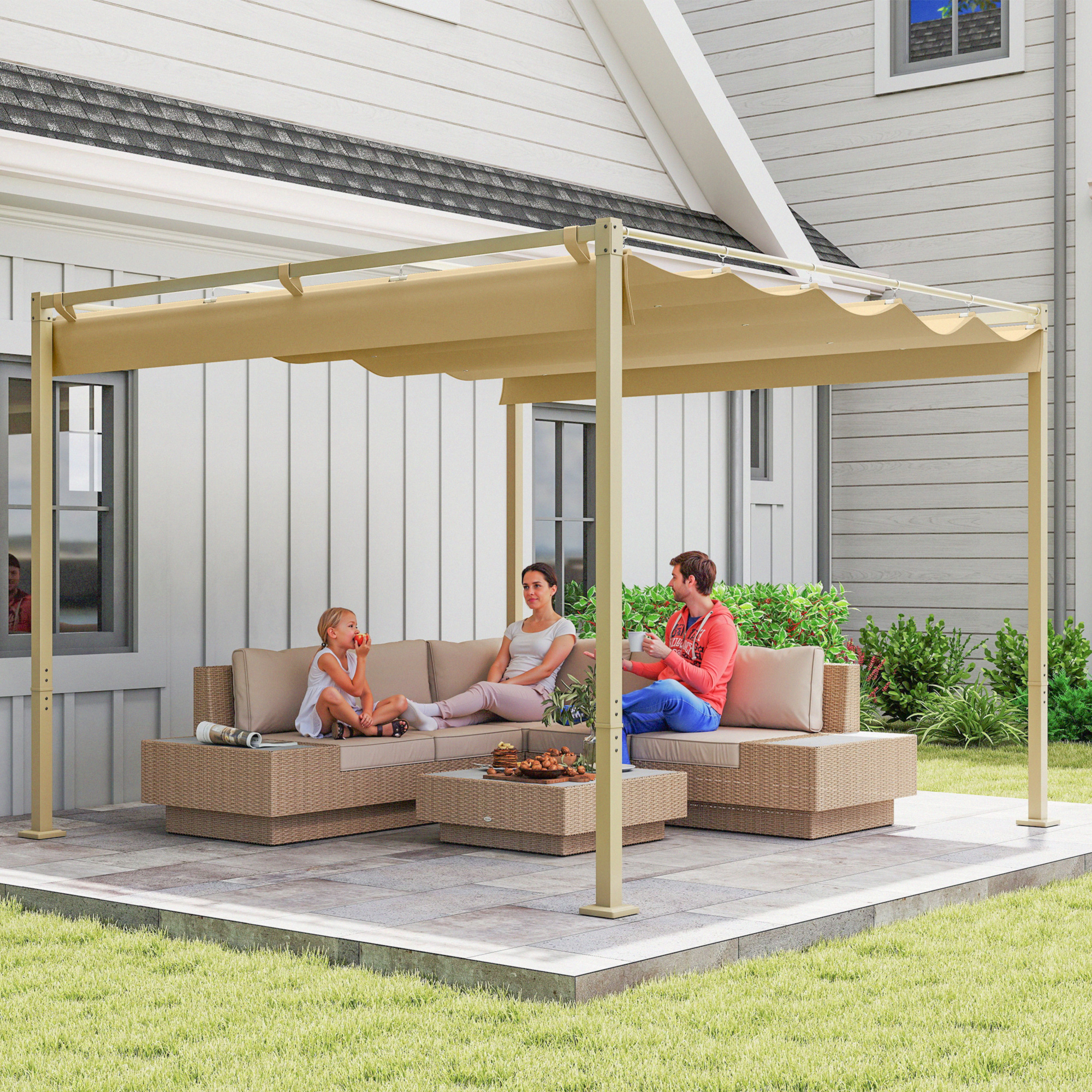  Pergola de Gradina cu Acoperis Retractabil si Sistem de Prindere Magnetic, 298x297x221 cm, Kaki [8]