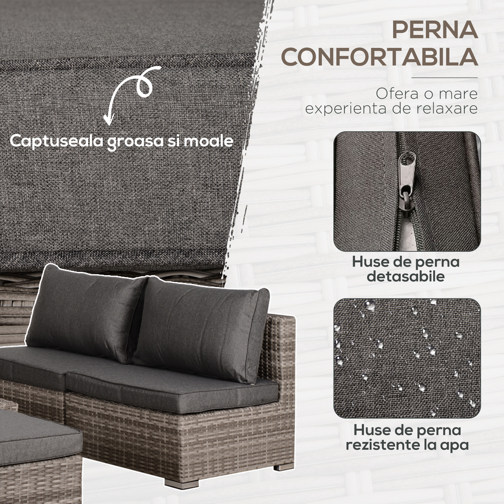  Set Mobilier Gradina 8 Piese, Canapea cu Masuta de Cafea din Ratan PE si Structura de Aluminiu, 75x75x71 cm, Gri [6]