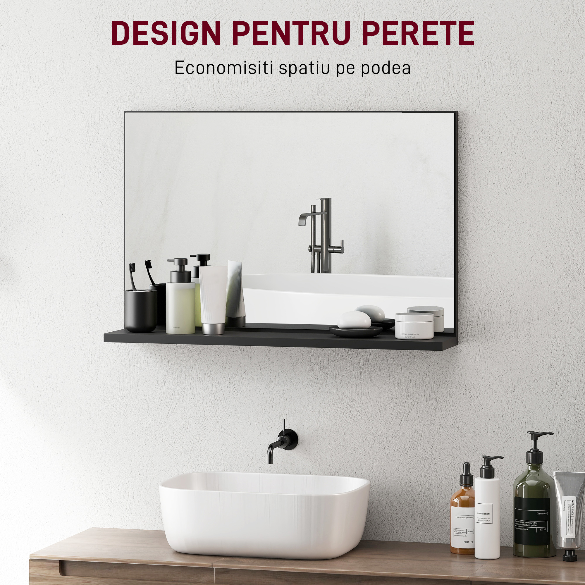  Oglinda de Baie de Perete Moderna cu Raft 60x12x40 cm Negru [3]