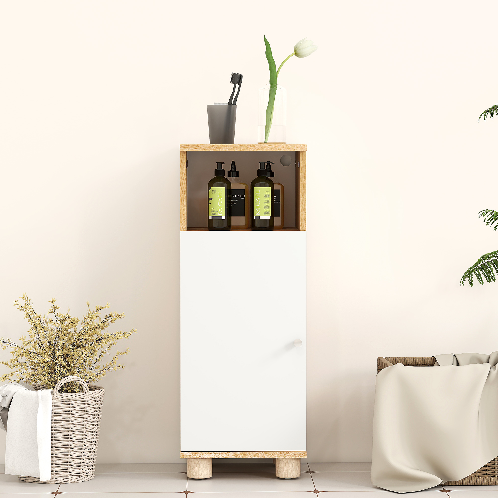  Dulap de Baie cu Dulapior cu 2 Rafturi si Compartiment Deschis, Alb si Lemn [6]