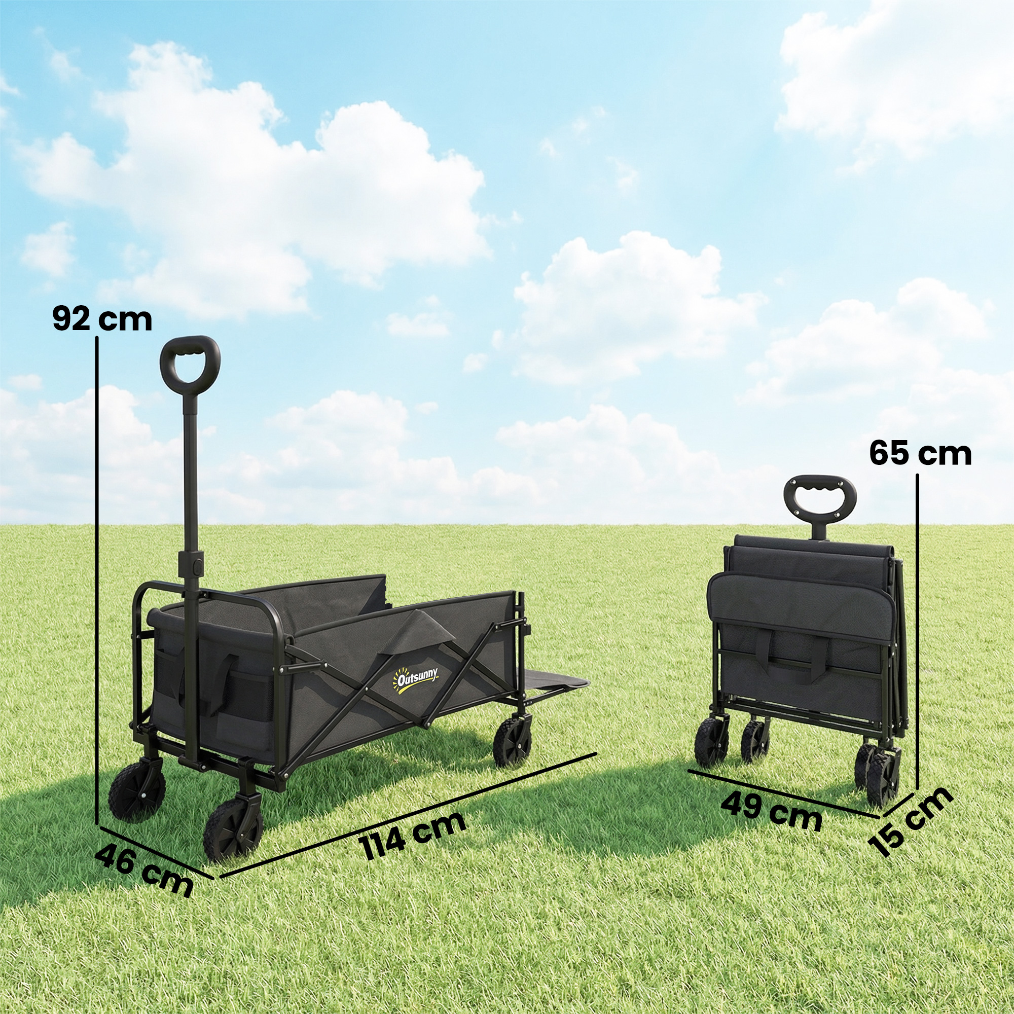  Carucior de Gradina 72L Pliabil cu Maner Reglabil, din Otel si Material Oxford, 114x46x92 cm, Negru [2]