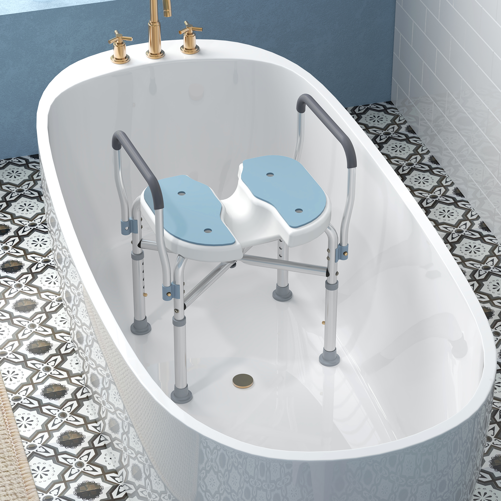  Scaun de Dus cu Brate, inaltime Reglabila si Orificii pentru Scurgerea Apei, 53x36x64-75 cm, Albastru [1]