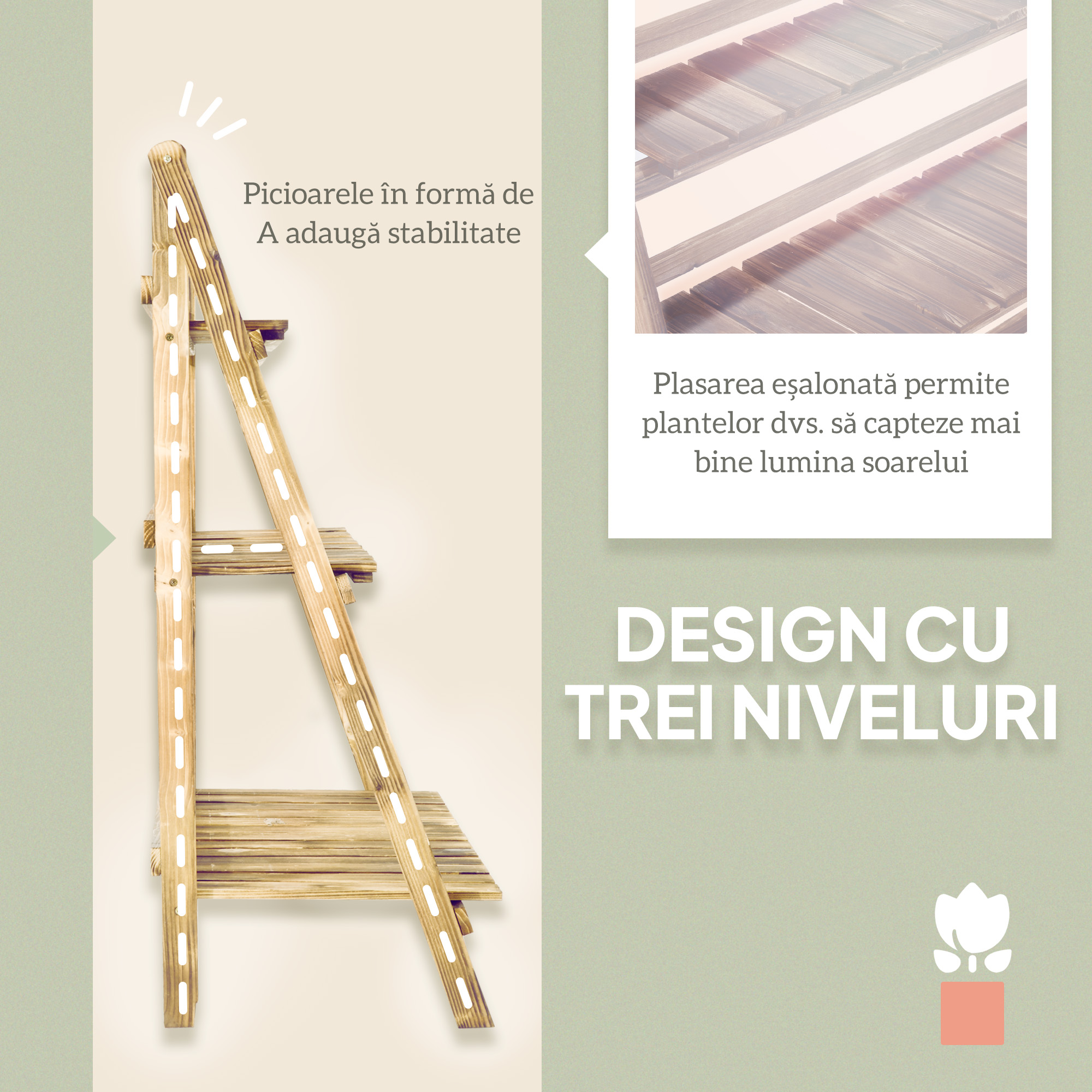  Suport Pliabil pentru Plante din Lemn de Brad cu 3 Nivele, 100x37x93 cm, Lemn Natural [4]