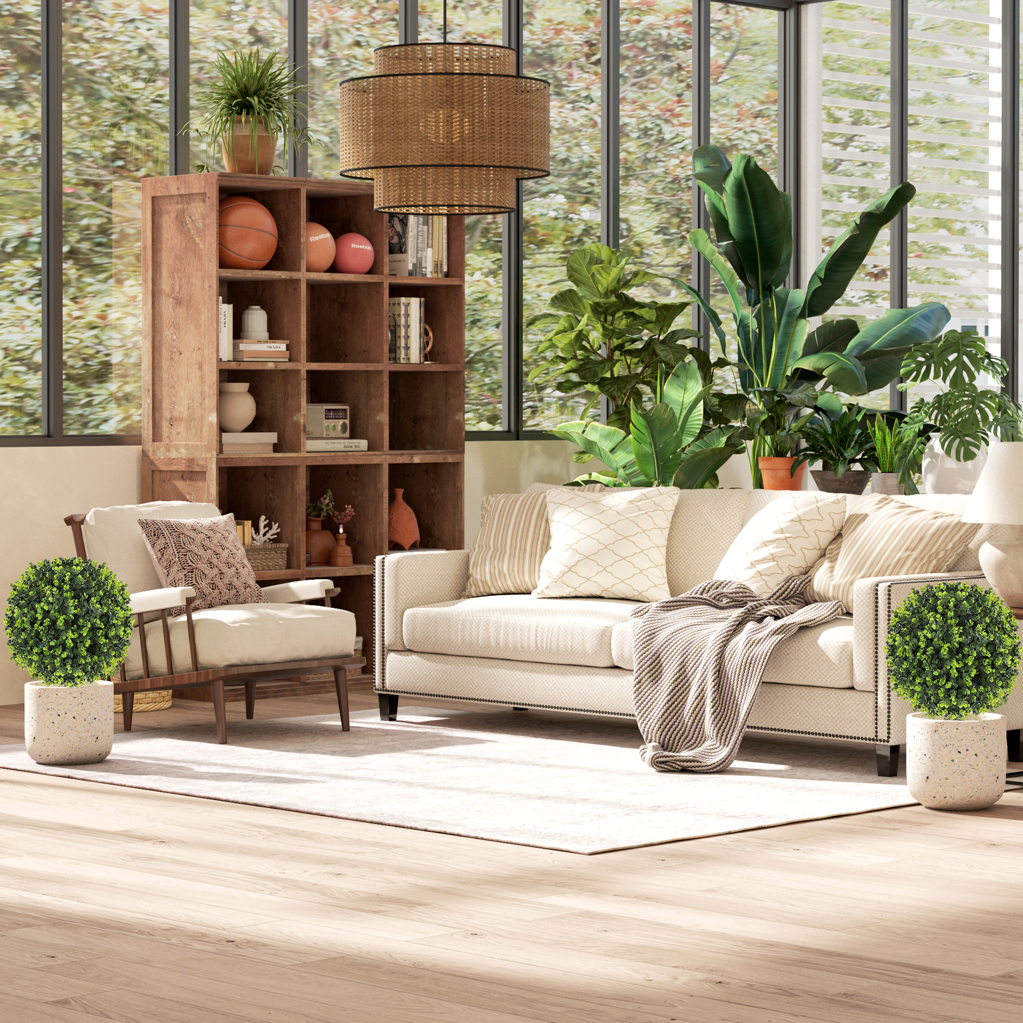  Set 2 Plante Artificiale de Buxus de 40 cm cu Tija Integrata pentru Interior si Exterior, Verde [8]