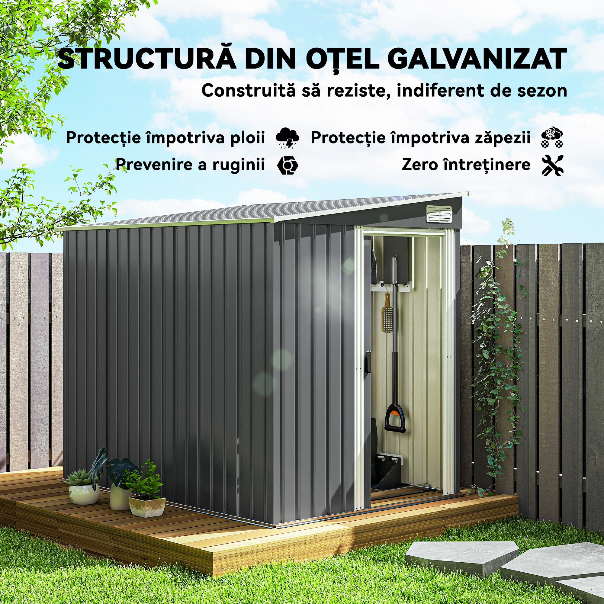  Magazie pentru Unelte din Metal 1.5x2m cu Fundatie, Usa Glisanta si Acoperis inclinat, Gri inchis [3]