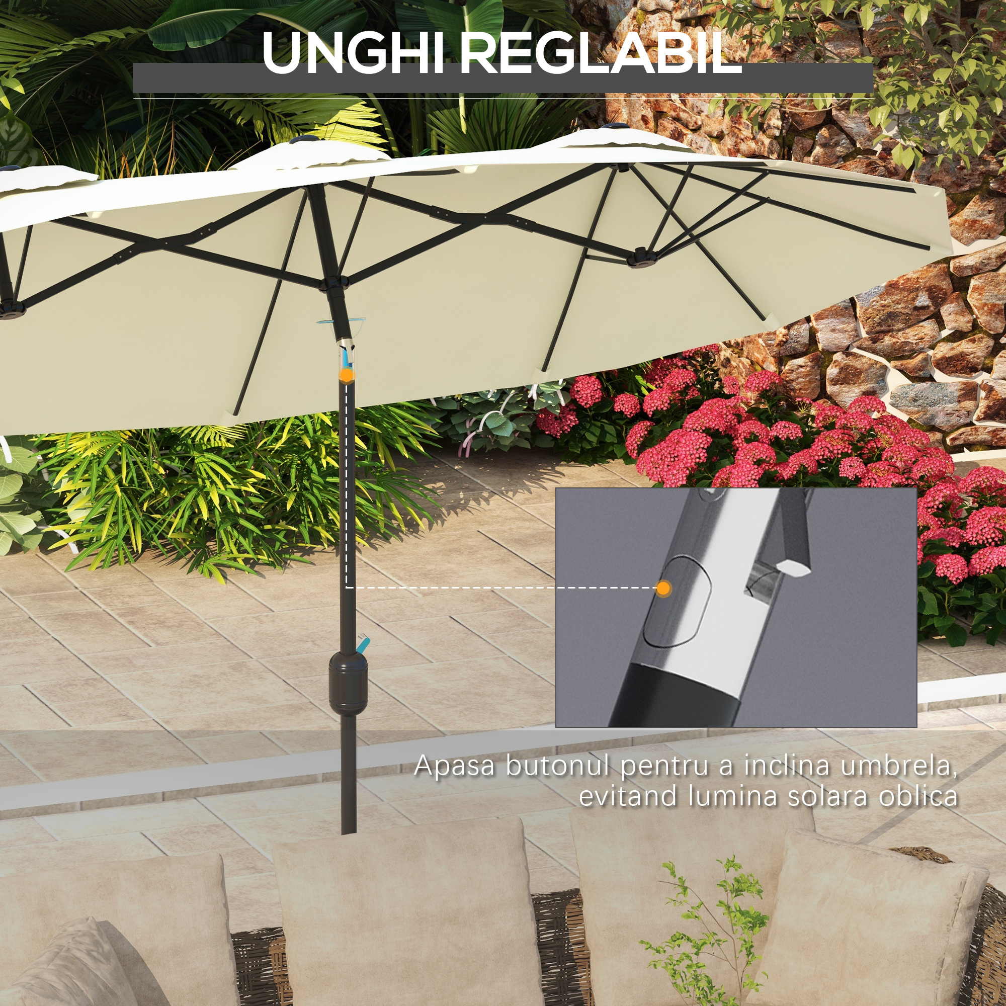  Umbrela de Gradina Dubla inclinabila la 45° cu Manivela si 3 Orificii de Ventilatie, 295x152x222 cm, Bej [3]