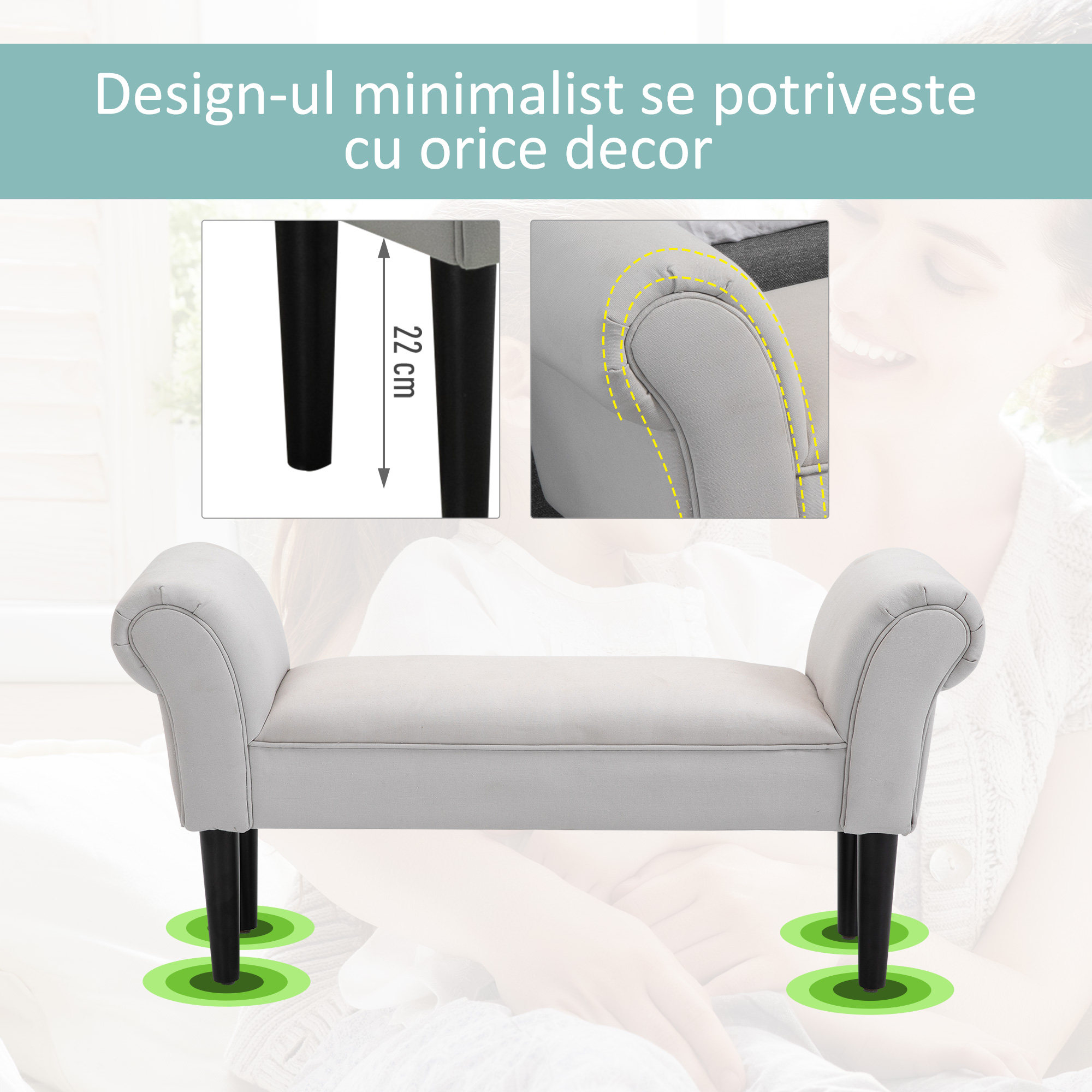  Banca Pat - Tapitata Gri cu Cotiere Rotunjite [3]