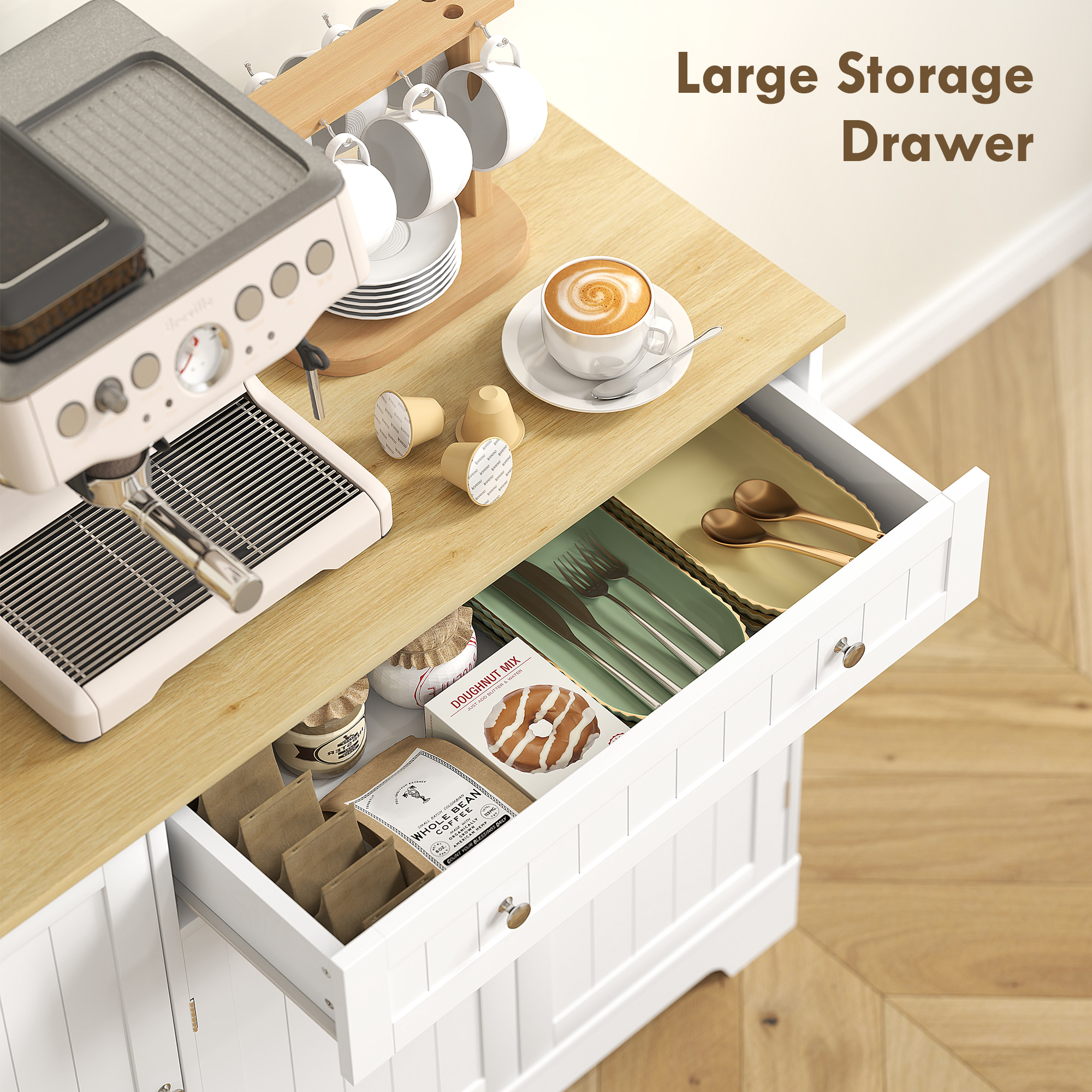  Bufet Modern cu spatiu de depozitare, dulap cu sertar, rafturi reglabile, mic dulap de bucatarie cu rafturi, alb [8]