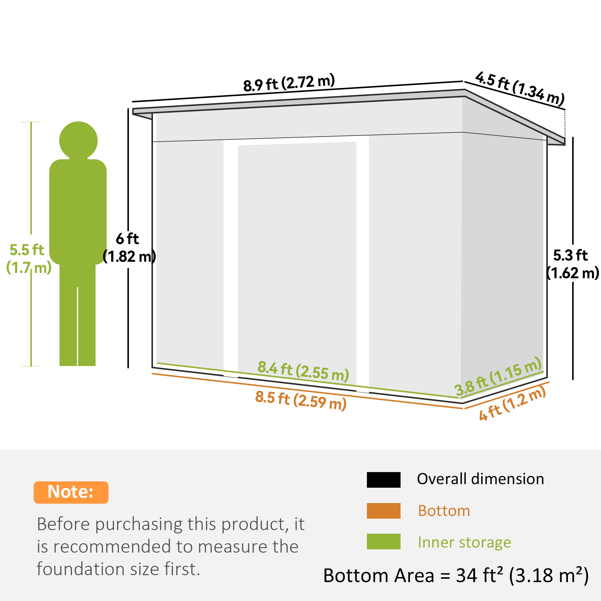  Depozit de Gradina 3.18m² din Otel Galvanizat cu Fante de Aerisire, Spatiu de Depozitare cu Usi Glisante Blocabile, Acoperis inclinat, Manusi, 272x134x182 cm, Verde inchis [2]