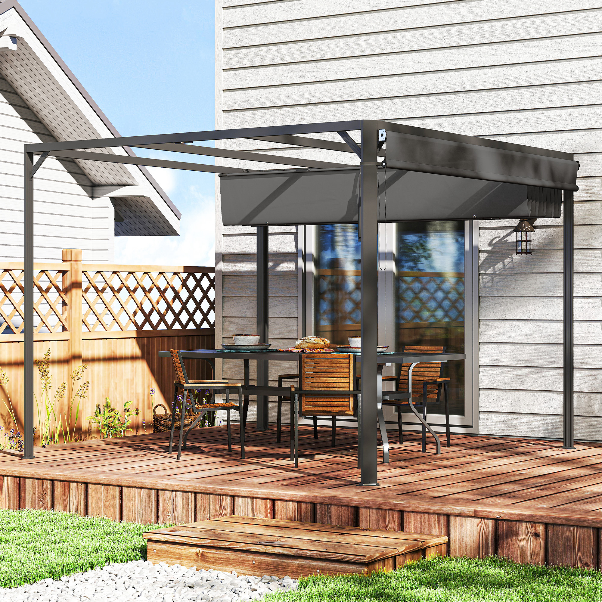  Gazebo Pergola cu Copertina Rulabila de Protectie si Orificii de Drenaj, 300x300x227 cm, Gri inchis [1]