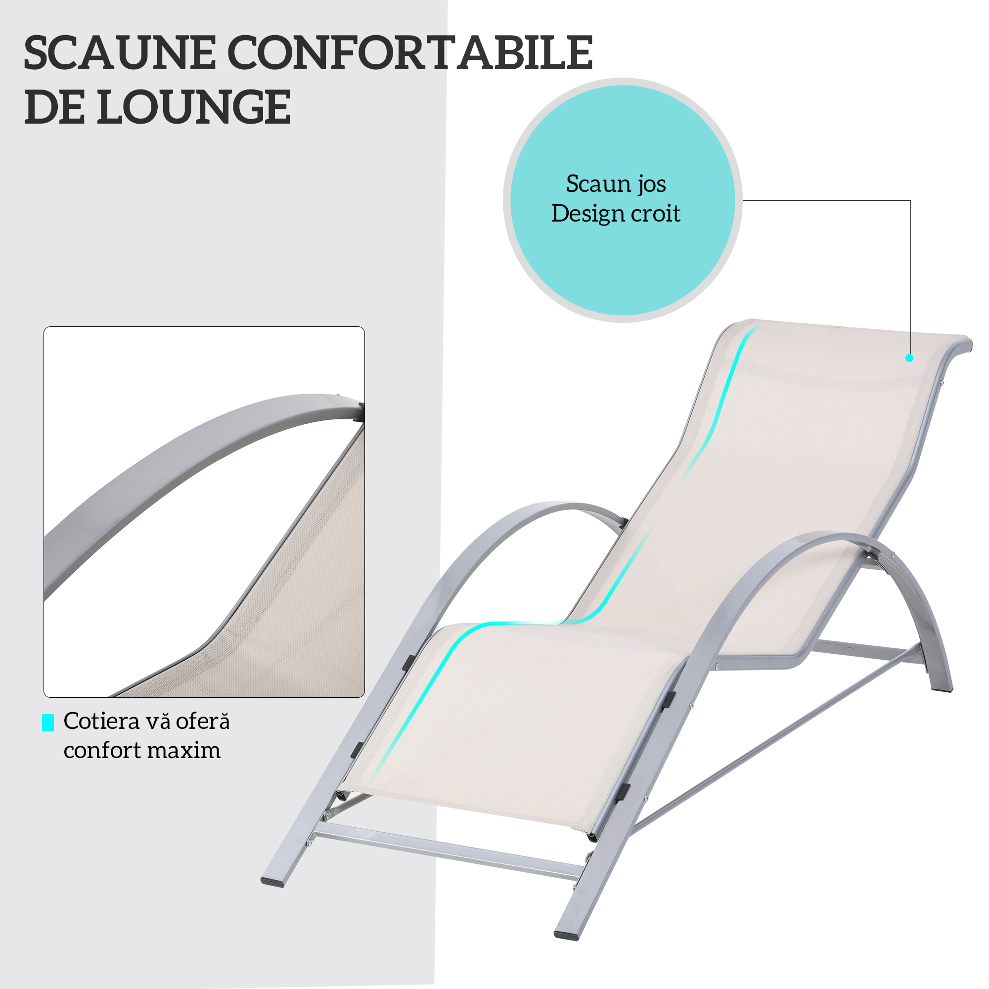  Set de 2 sezlonguri si Masuta cu Blat din Sticla, 59x169x66 cm, Crem [3]