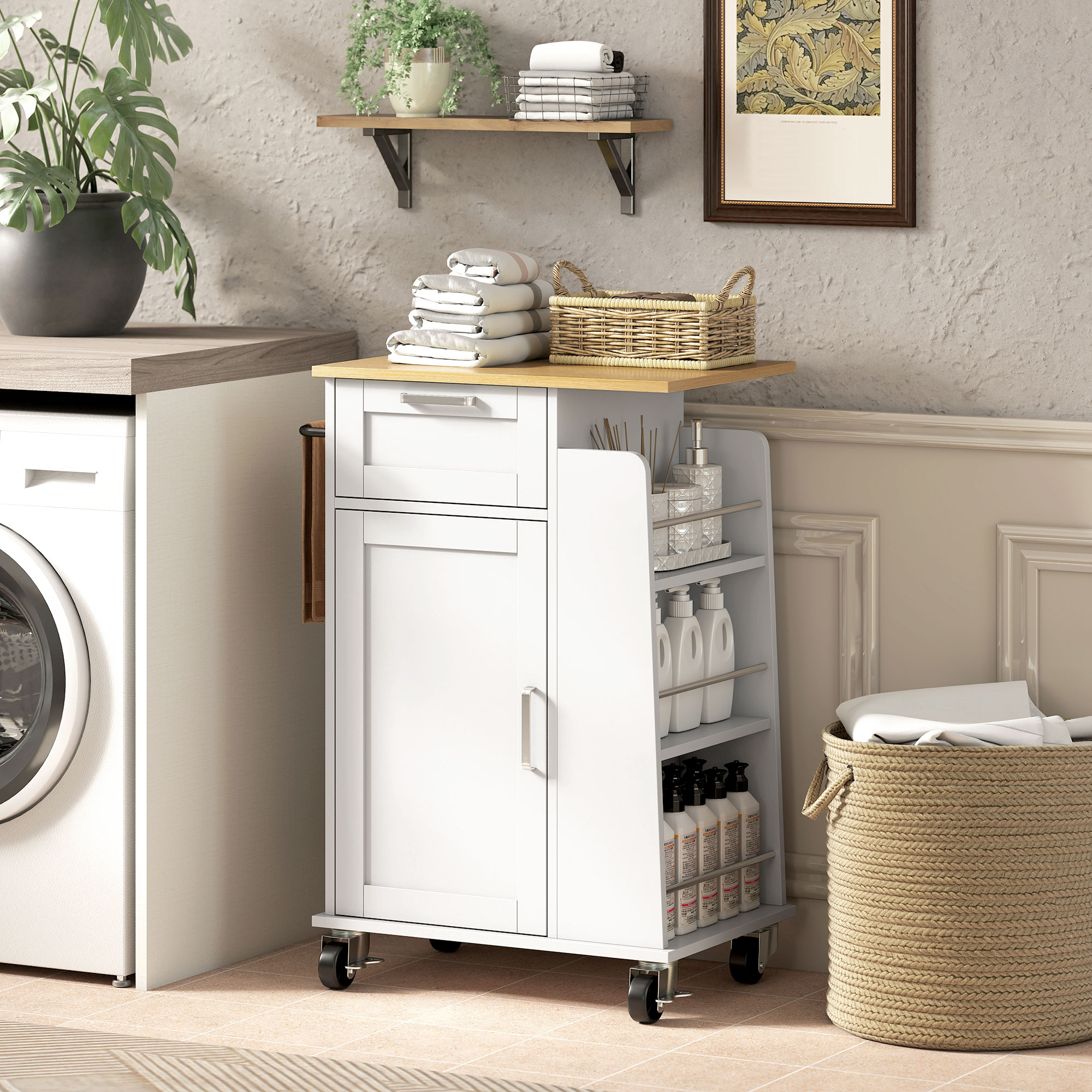  Carucior de Bucatarie cu Sertar, Dulap, Suport pentru Prosoape si 3 Suporturi pentru Condimente, din Lemn, 62x40x87 cm, Alb [8]