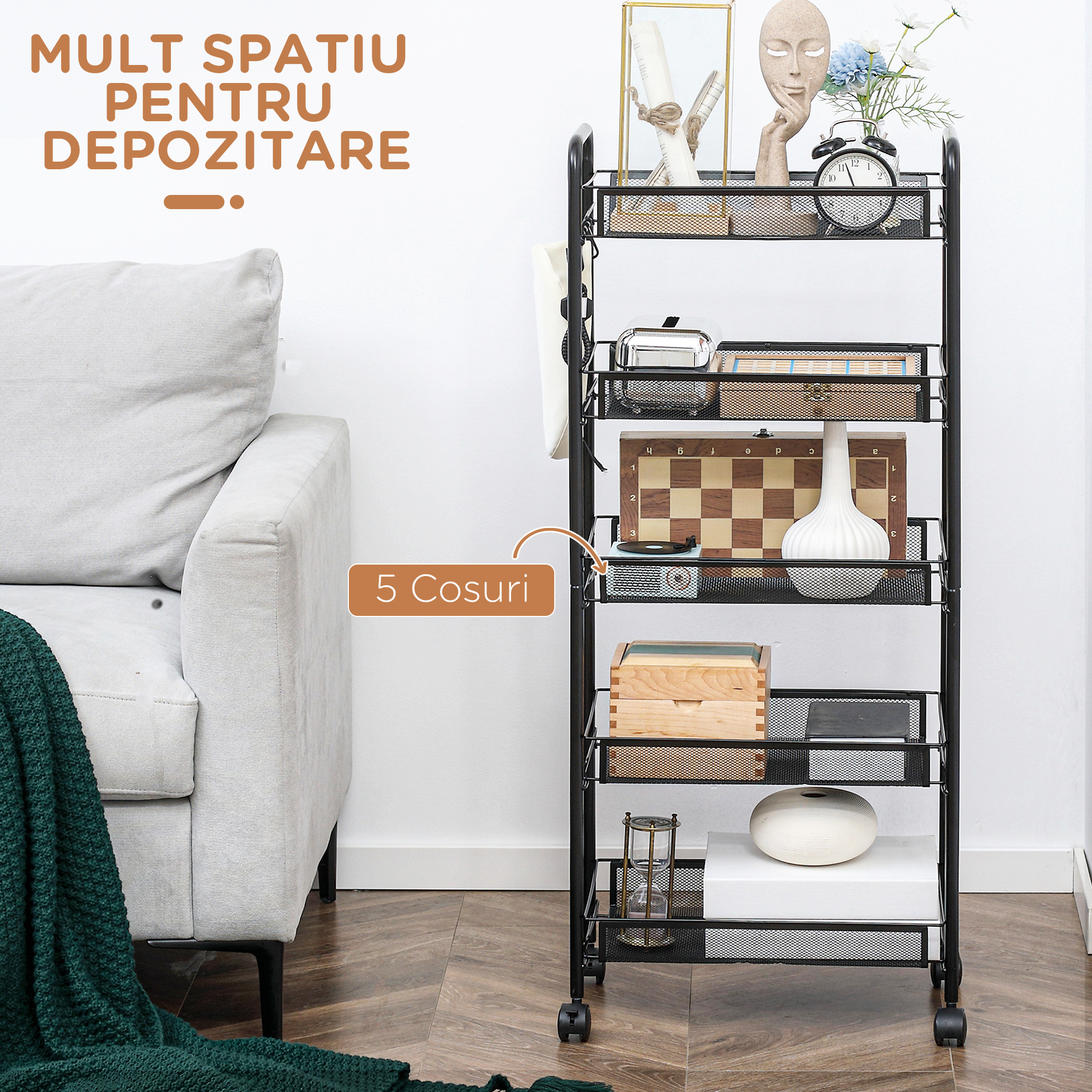  Carucior de bucatarie pe 5 niveluri cu cosuri din plasa, carucior de depozitare pentru sufragerie si dormitor din otel, 45x26,5x106cm, negru [3]