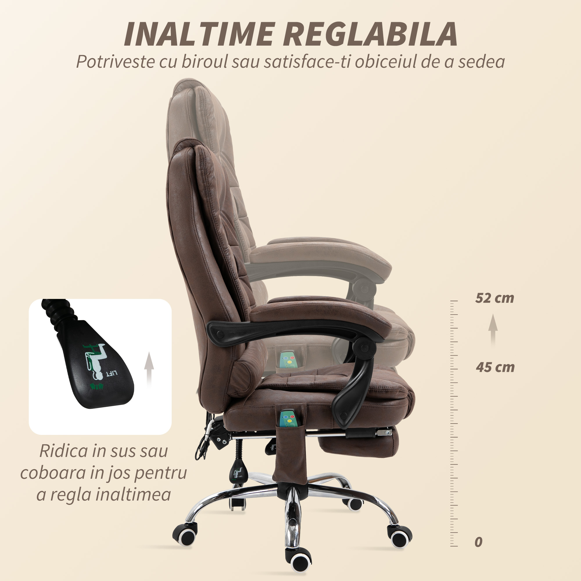  Fotoliu Birou cu Telecomanda si 6 Puncte Masaj, din Microfibra, 65x70x111-119 cm, Maro [5]