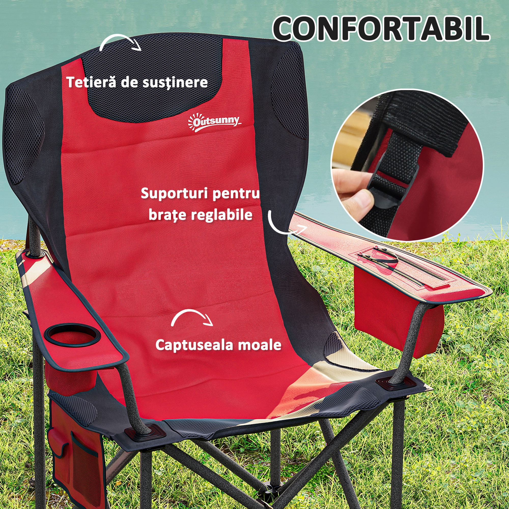 Set  de 2 Scaune de Camping Pliabile cu Cooler, Suport de Pahare si 2 Buzunare, 94x62x100 cm, Rosu [3]