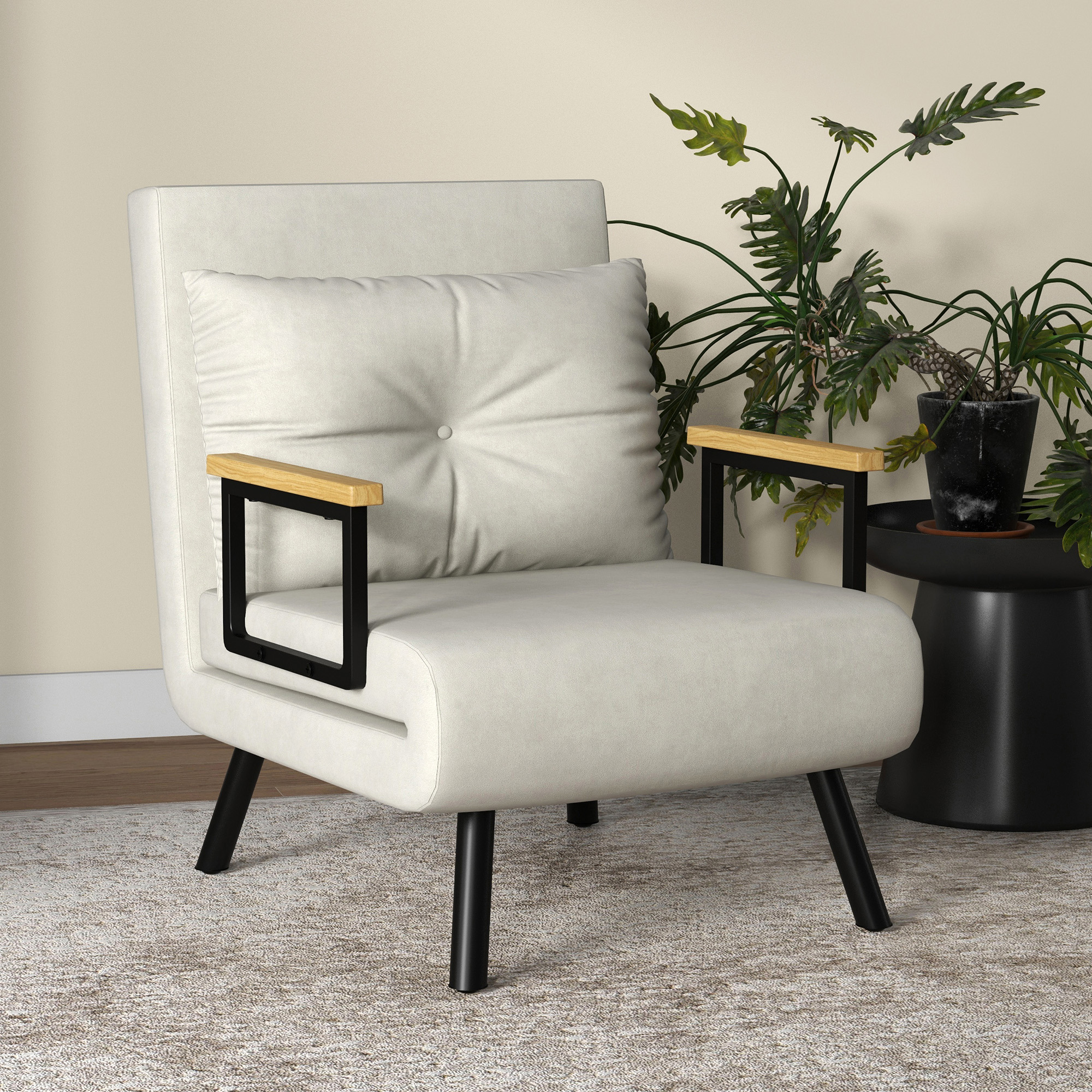  Fotoliu Pat 3 in 1 cu Spatar Reglabil si Perna, din Material cu Efect de Catifea, 63x73x81 cm, Crem [6]