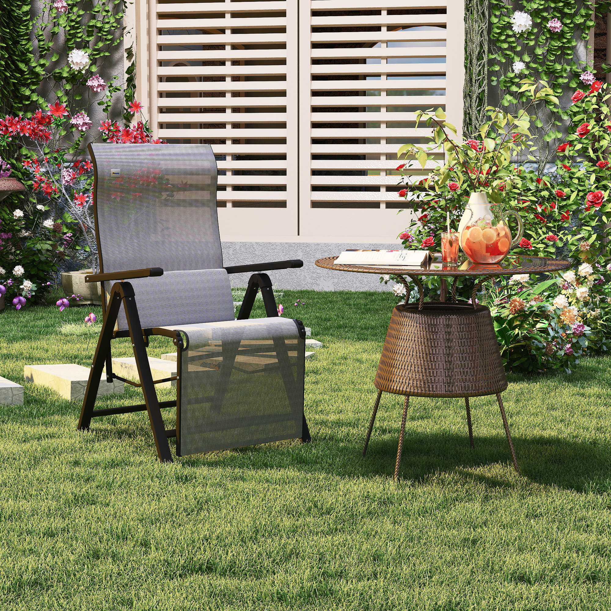  Sezlong de Gradina Pliabil si Rabatabil pe 9 Niveluri cu Perna Lombara, Gri [1]