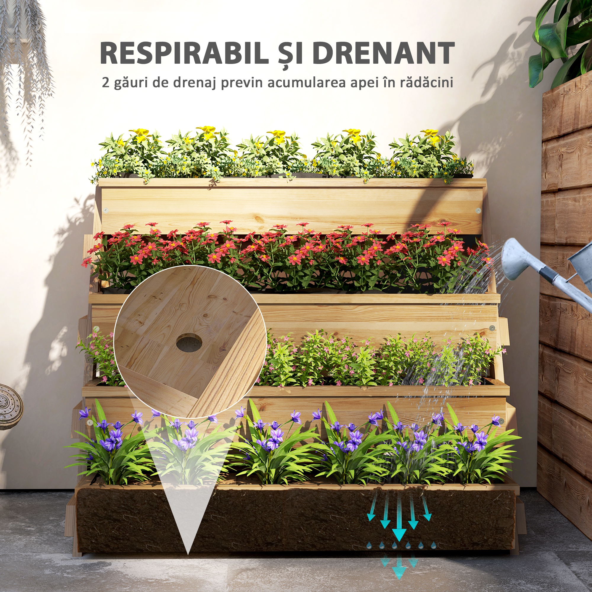  Jardiniera inaltata cu 4 niveluri, cu orificii de drenaj si material netesut, din lemn de brad, 75x57x60,5 cm [4]