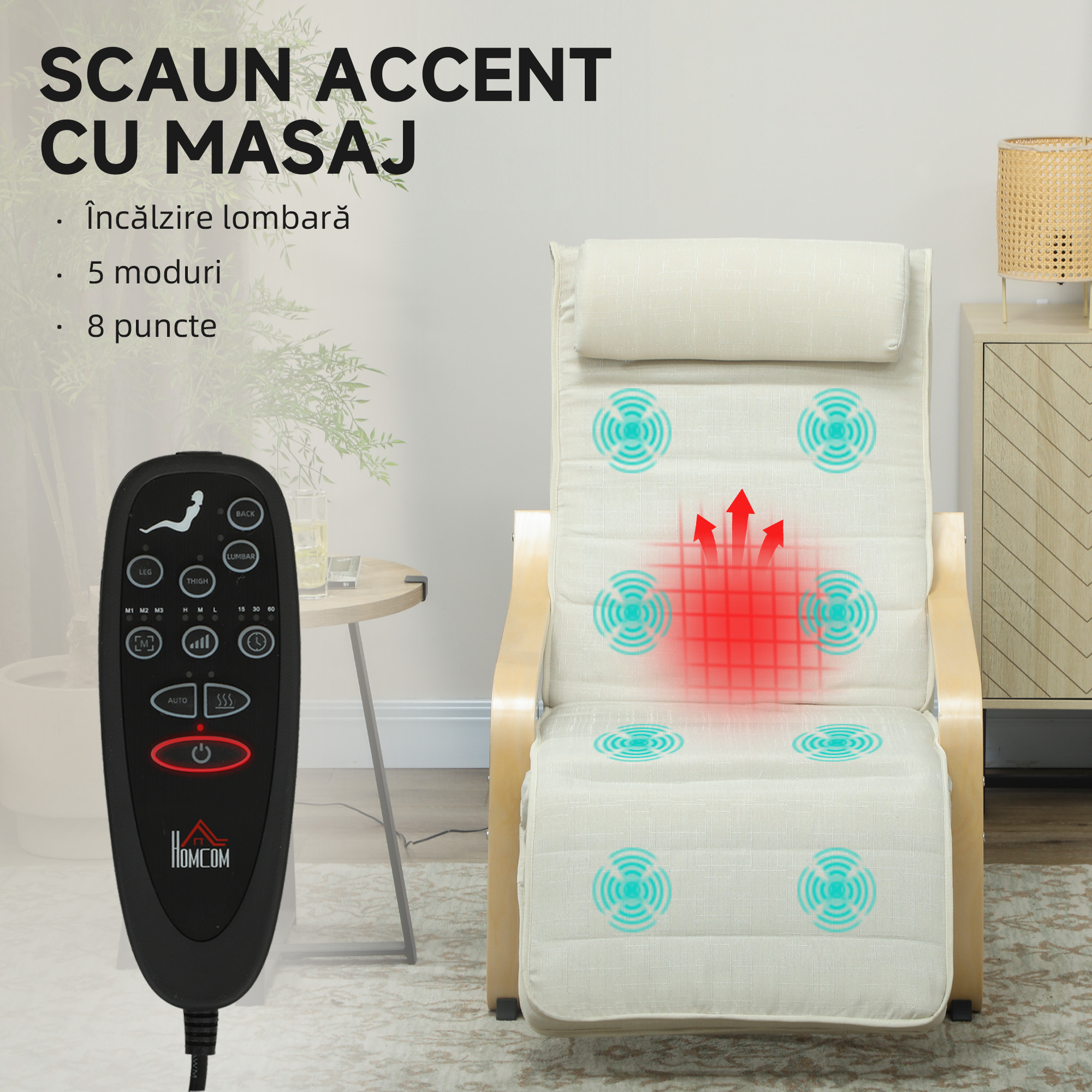  Fotoliu pentru living cu incalzire si suport pentru picioare reglabil Crem Lemn [3]