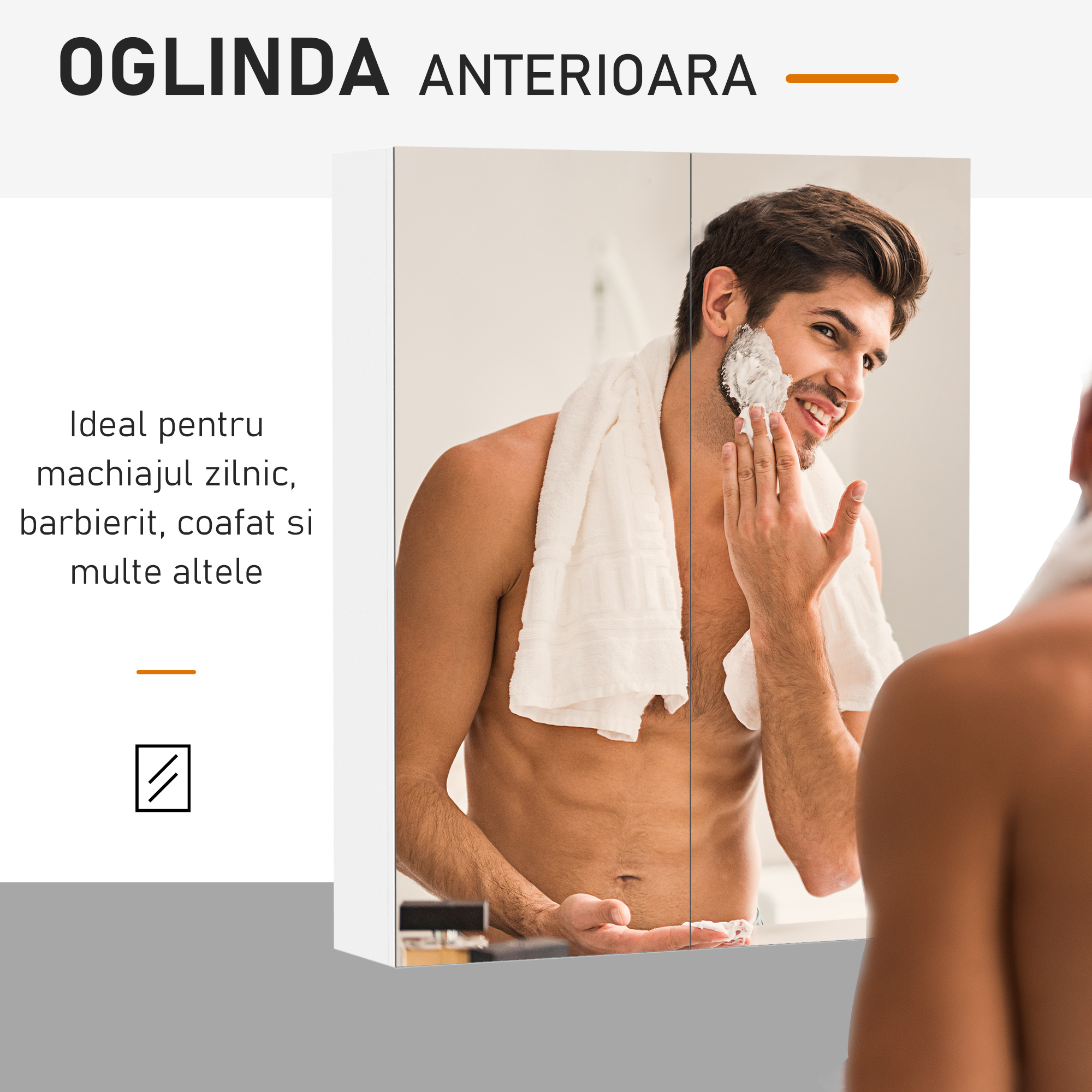  Dulap de Baie Suspendat cu Doua Usi Frontale, Oglinda si 2 Rafturi Interioare din MDF, 60x15x75 cm, Alb [5]