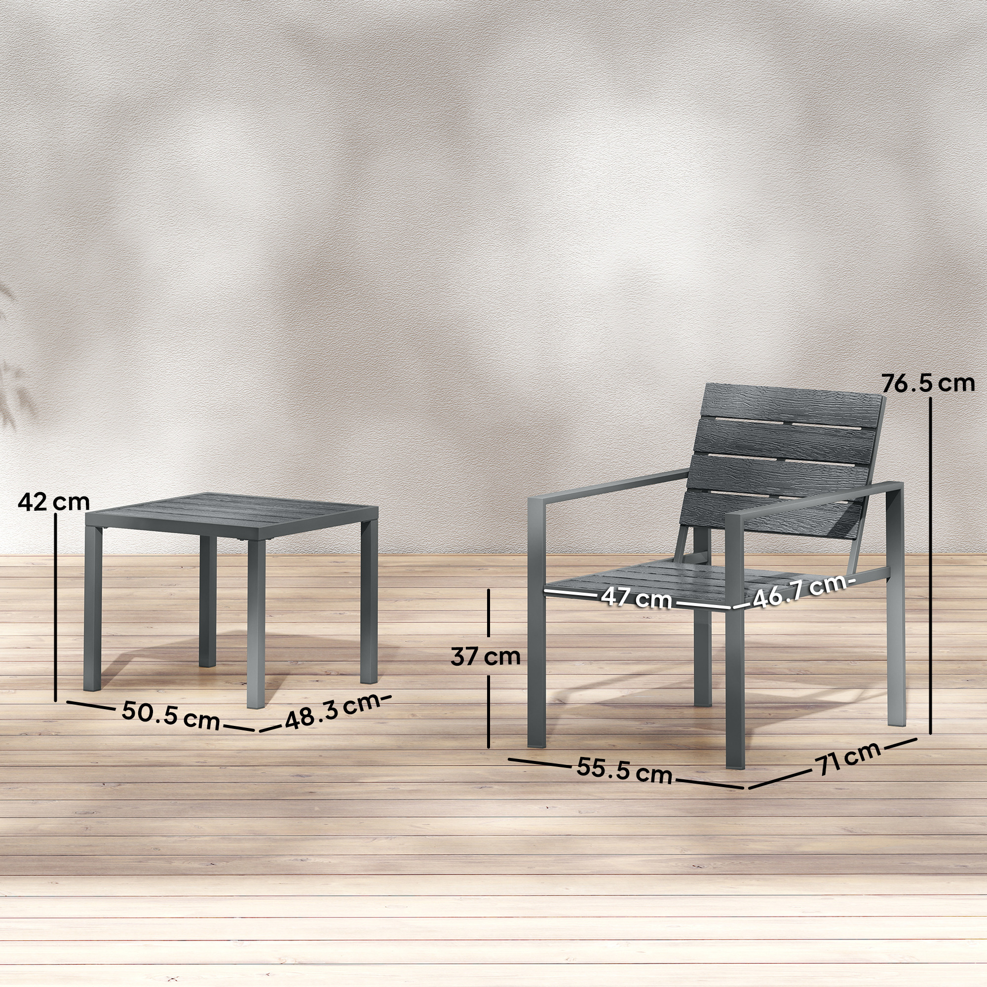  Set de Gradina 3 piese cu 2 Scaune de Exterior si Masuta de Cafea, din HDPE si Metal, Gri inchis [2]