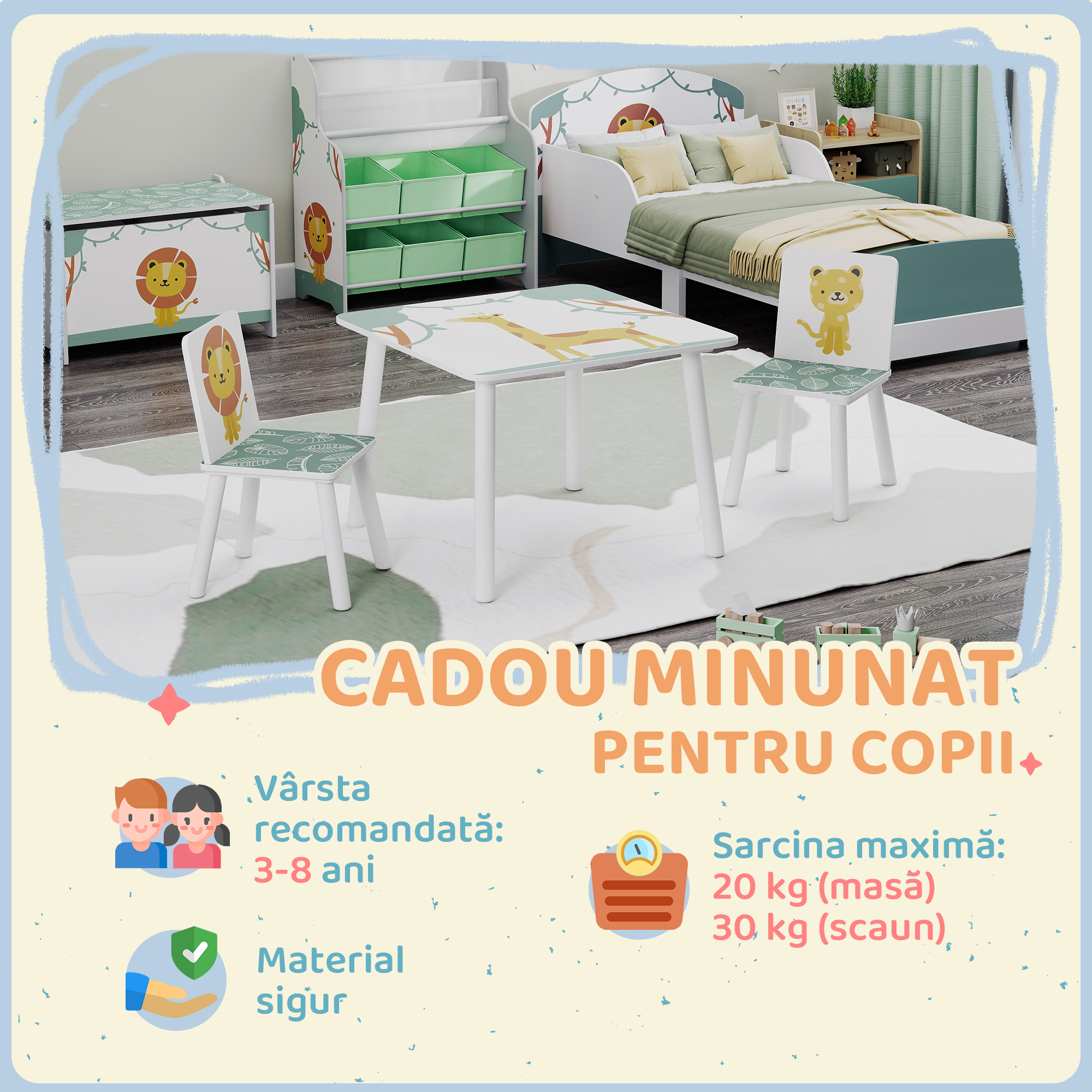  Set de Masa si Scaune pentru Copii, 3 Piese, Masa cu 2 Scaune pentru Dormitor, Gradinita, Sala de Jocuri, Verde [6]